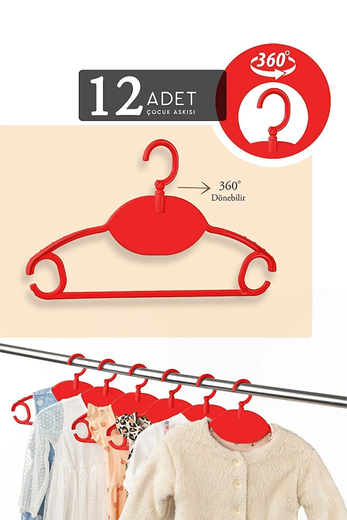 12 Adet Bebek Kıyafet Askısı - 360 Derece Dönebilen Plastik Çocuk Elbise Askısı - Kırmızı