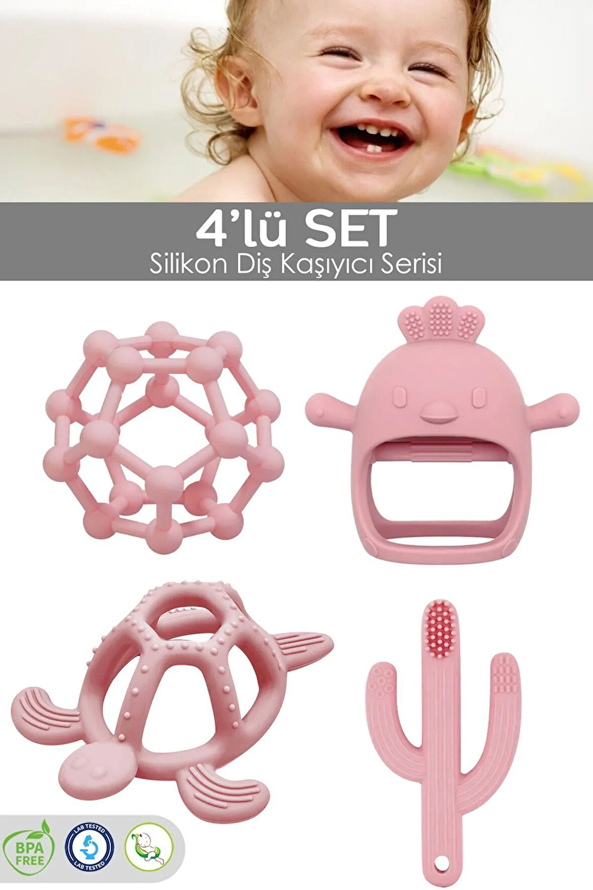 4'lü Silikon Bebek Dişlik Seti - Diş Kaşıma Eldiveni - Figürlü Diş Kaşıyıcı - Pembe
