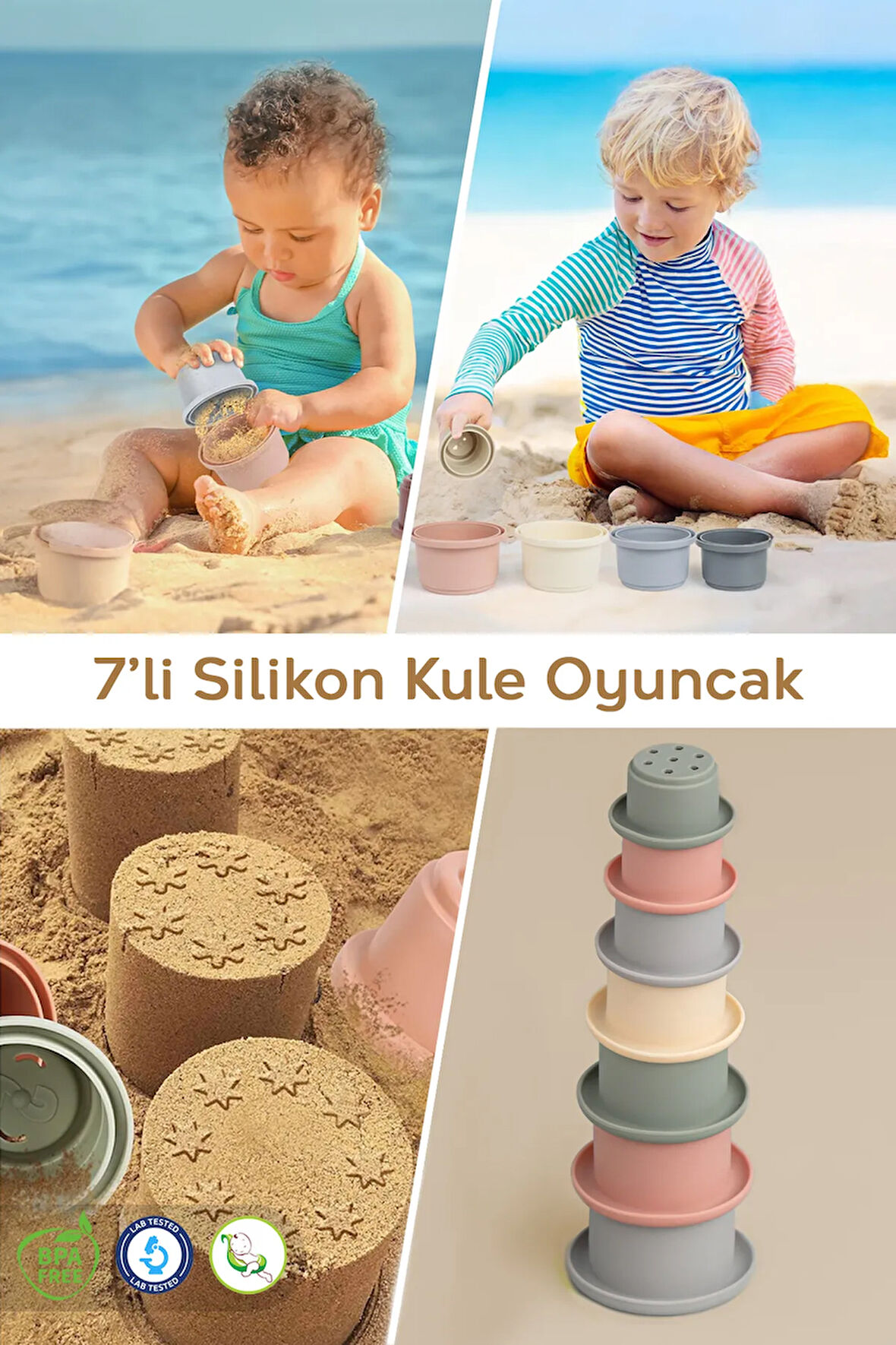 7'li Silikon Eğitici Kule Aktivite Oyuncak Seti - Çocuk Plaj Kum Oyun Kulesi - Bebek Plaj Oyuncağı