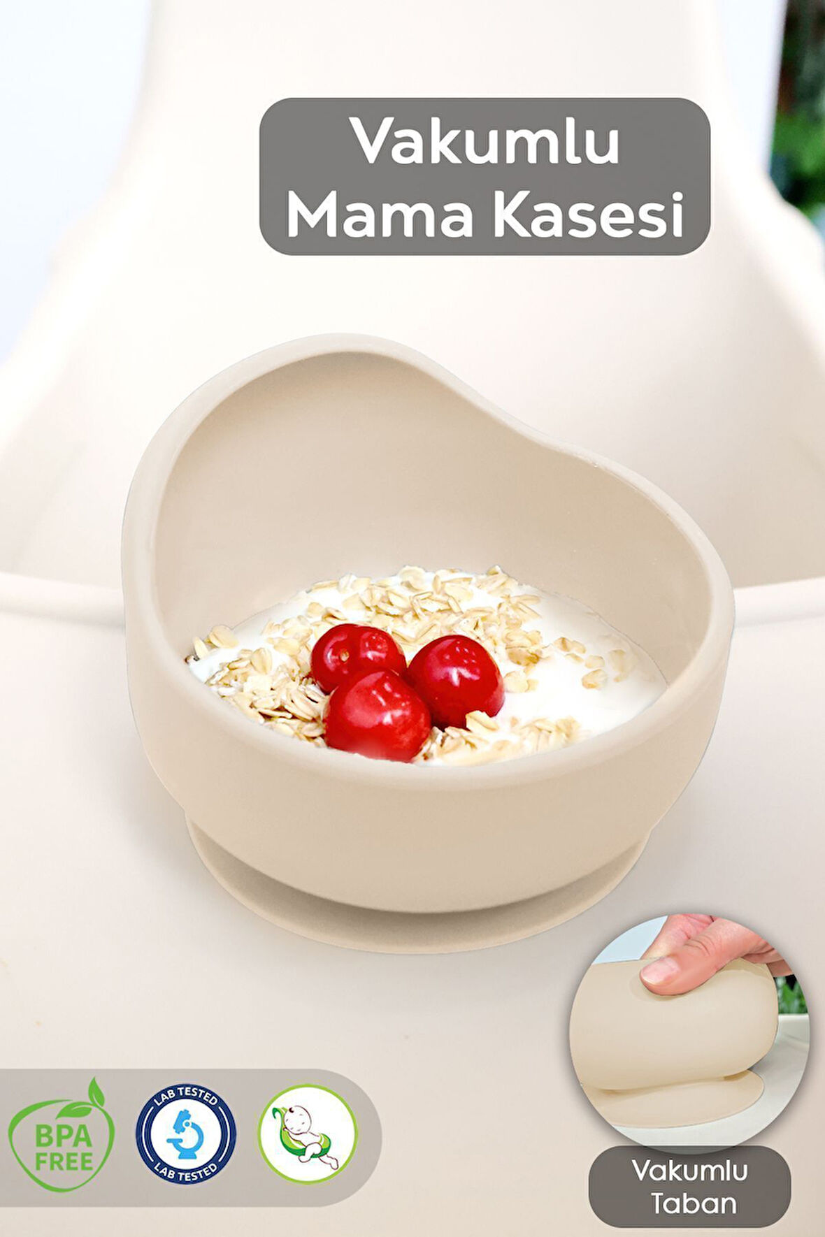 Vakum Tabanlı Bebek Mama Kasesi - Vakumlu Oval Silikon Kase - Bej