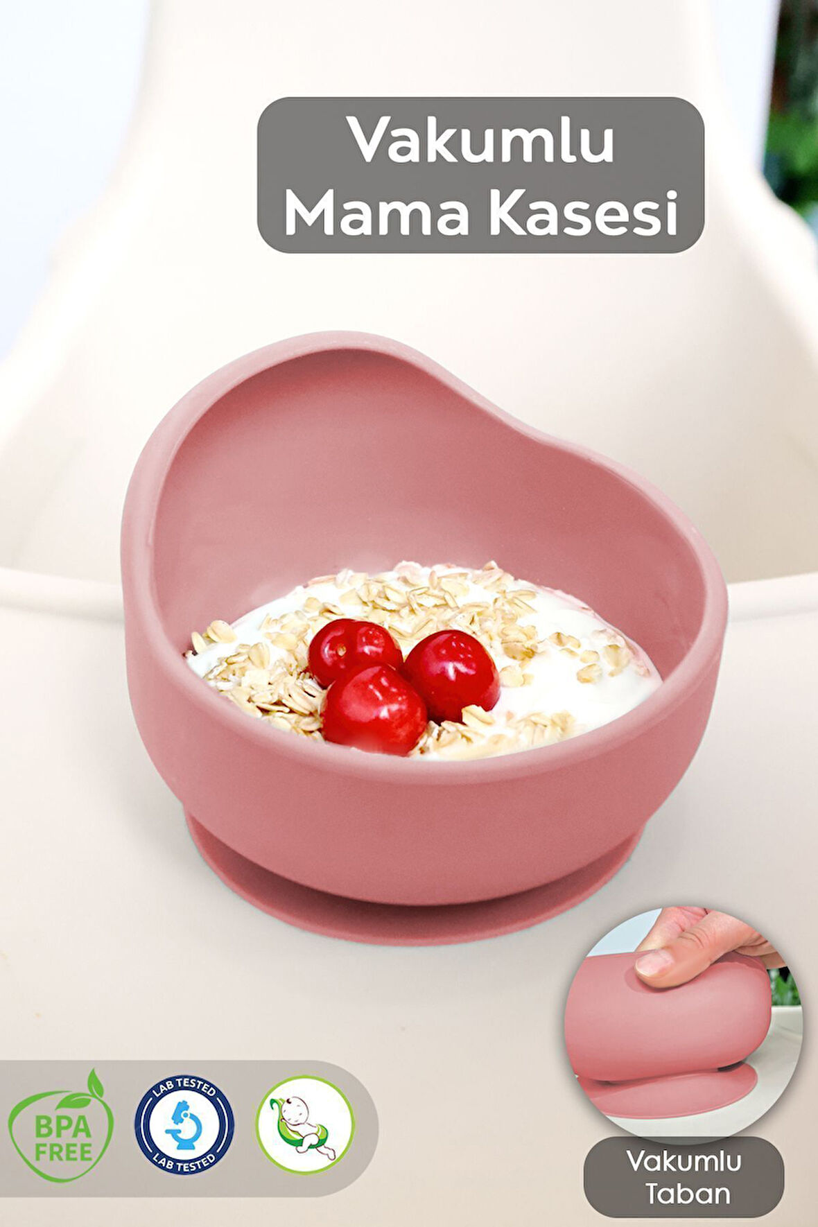 Vakum Tabanlı Bebek Mama Kasesi - Vakumlu Oval Silikon Kase - Pembe