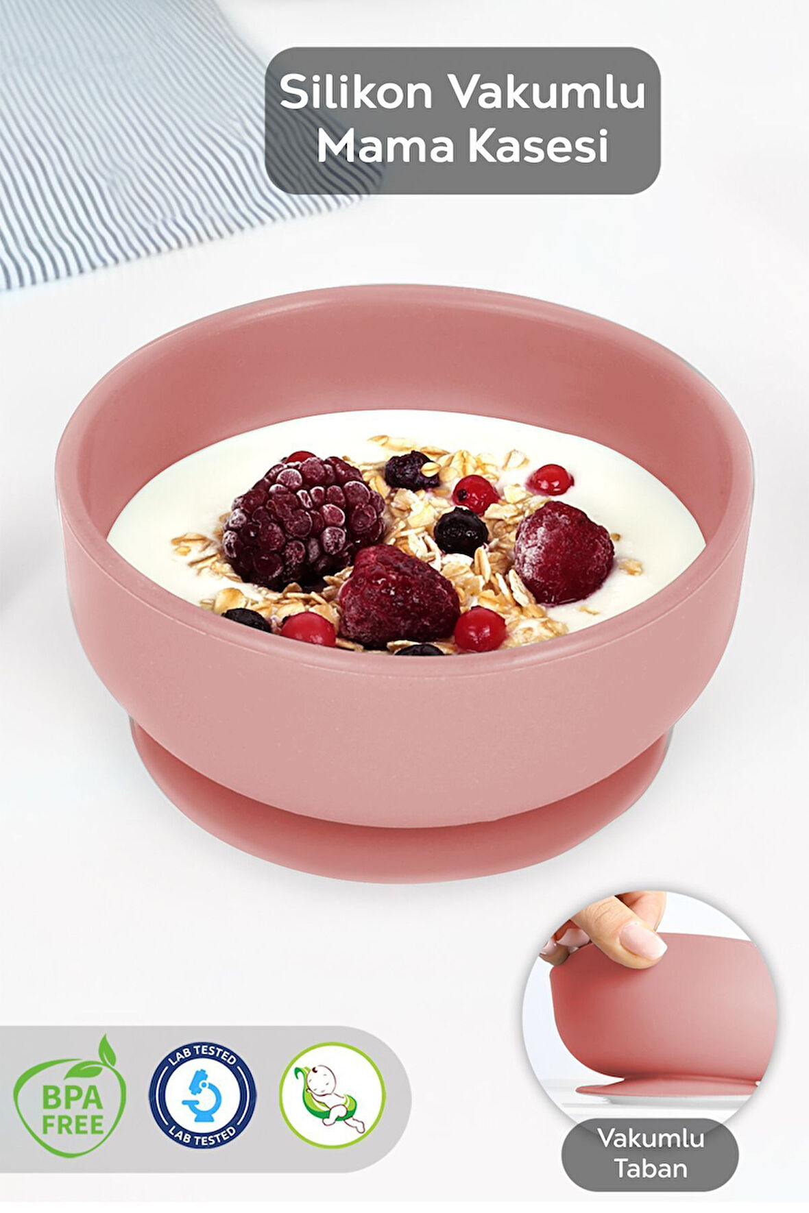Vakumlu Silikon Bebek Mama Kasesi - Vakum Tabanlı Kase - Pembe