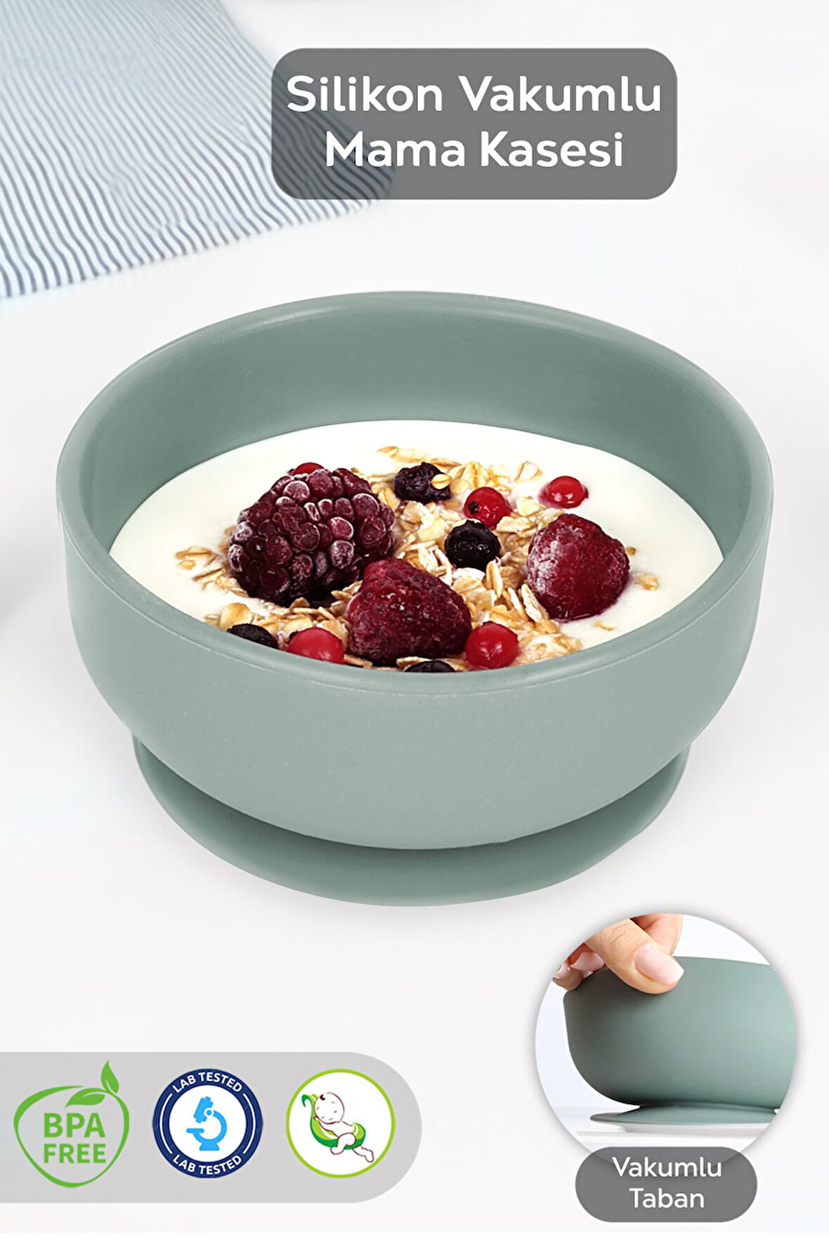 Vakumlu Silikon Bebek Mama Kasesi - Vakum Tabanlı Kase - Yeşil