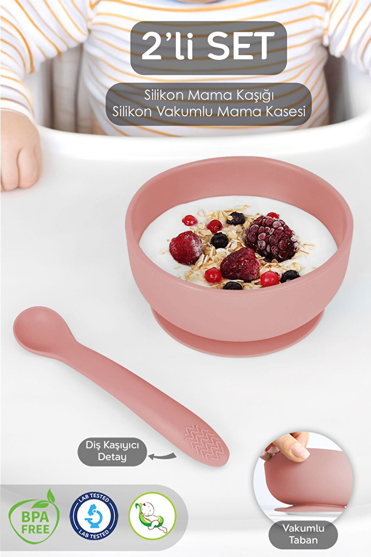 Vakumlu Silikon Bebek Mama Kasesi - Vakum Tabanlı Kase - Silikon Diş Kaşıyıcı Kaşık - Pembe