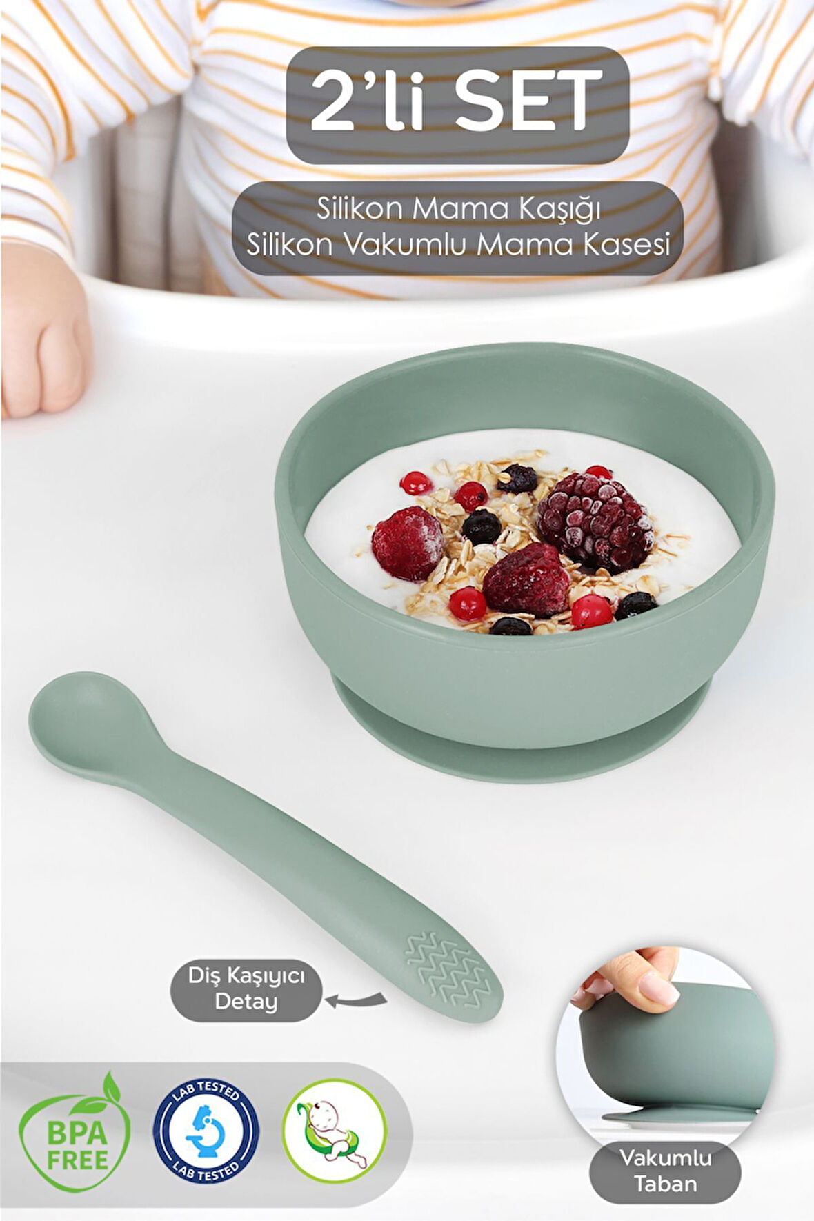 Vakumlu Silikon Bebek Mama Kasesi - Vakum Tabanlı Kase - Silikon Diş Kaşıyıcı Kaşık - Yeşil