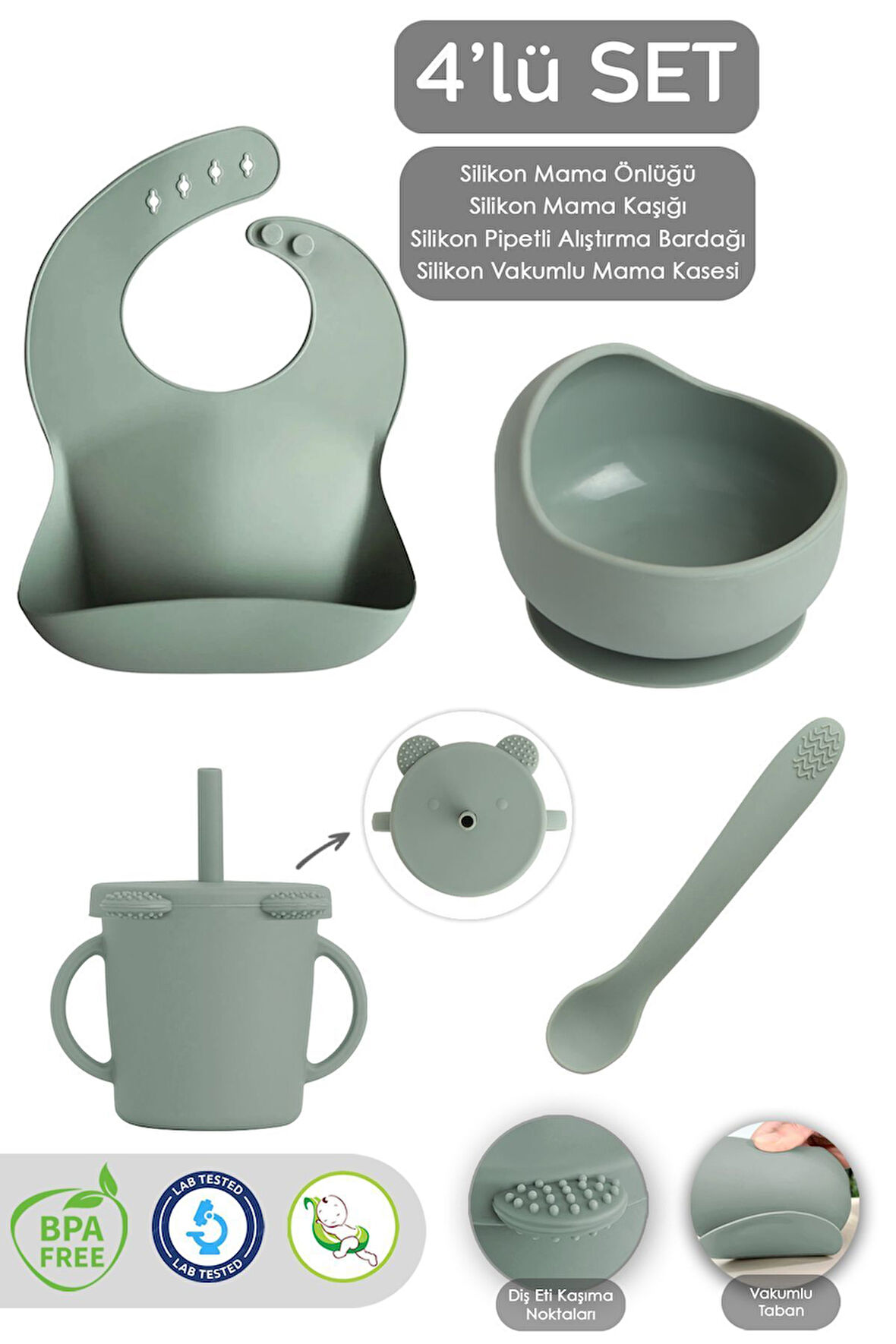 4'lü Silikon Beslenme Seti - Mama Önlüğü - Vakumlu Mama Kasesi - Pipetli Bardak - Kaşık - Yeşil