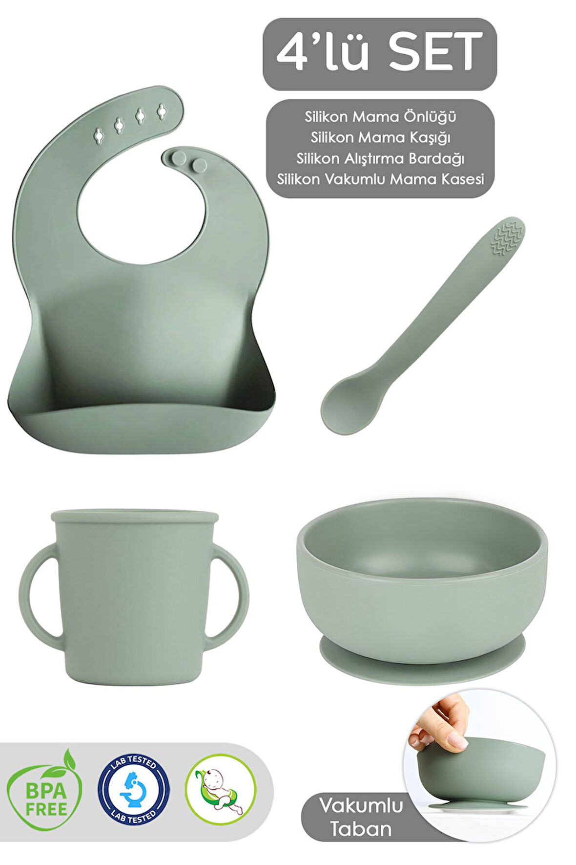 4'lü Silikon Bebek Beslenme Seti- Vakumlu Kase - Mama Önlüğü - Kulplu Bardak - Kaşıyıcı Kaşık -Yeşil