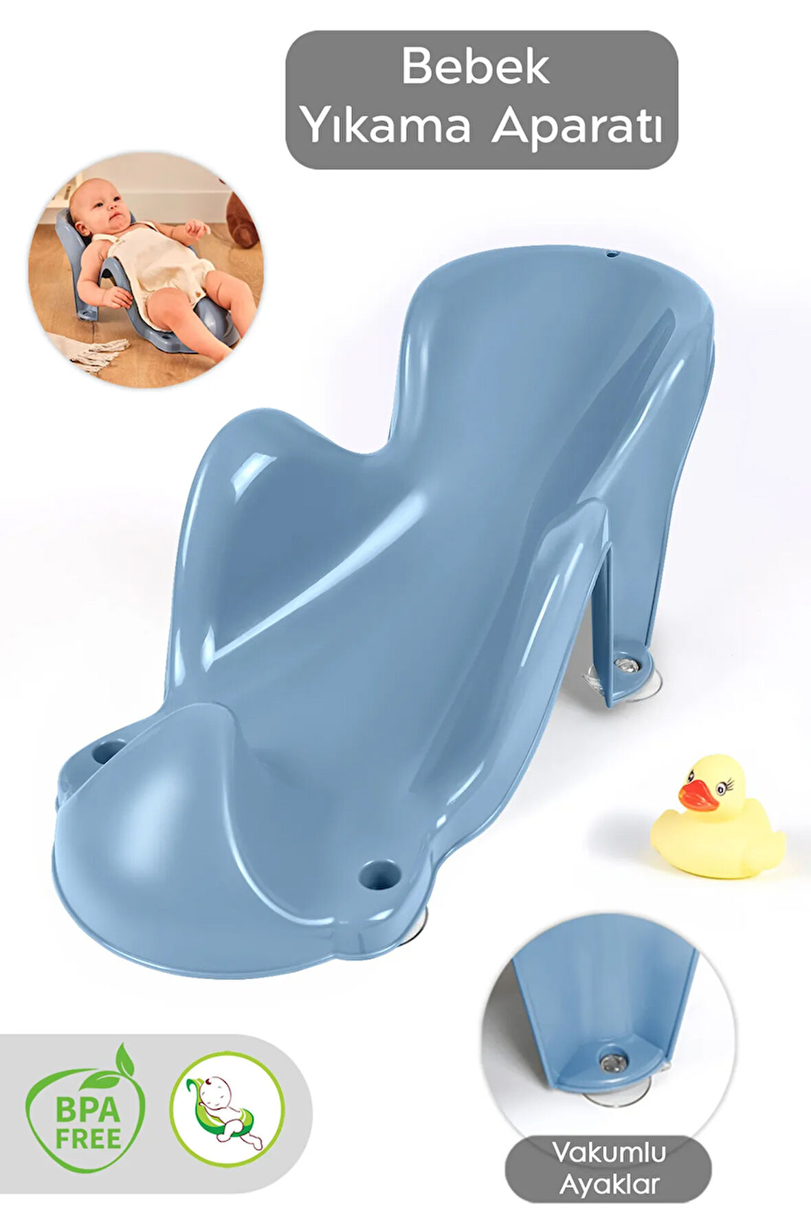 Vakum Tabanlı Bebek Yıkama Banyo Aparatı - Bebek Yıkama Koltuğu Küvet Oturağı - Mavi