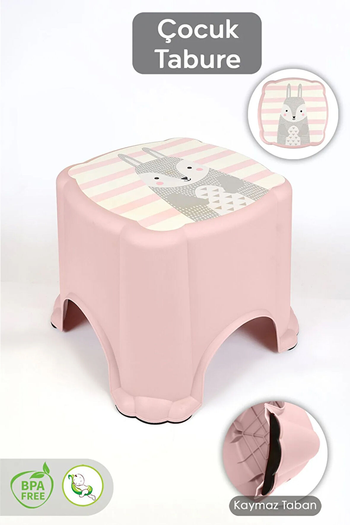 Kaydırmaz Tabanlı Çocuk Taburesi - Figürlü Banyo Lavabo Yükseltici Tabure - Pembe