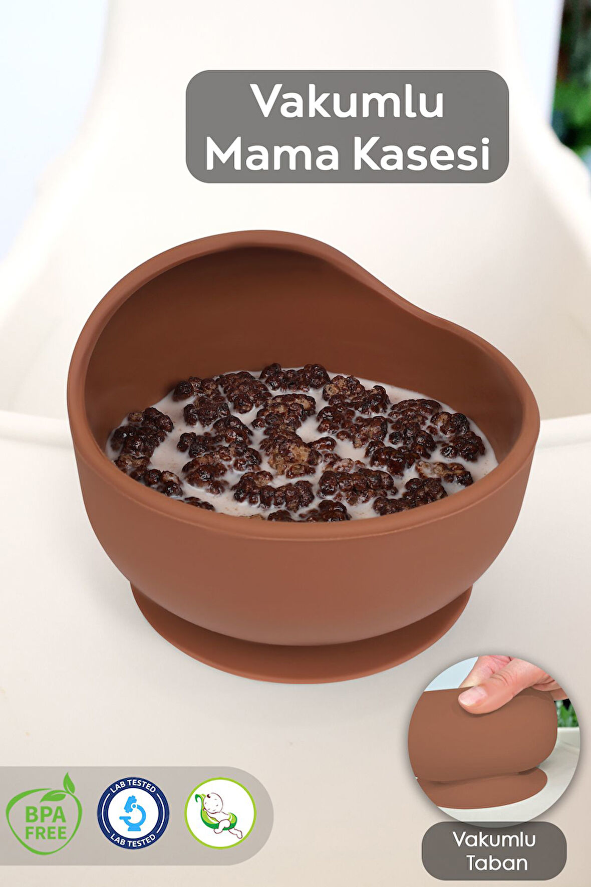 Vakum Tabanlı Bebek Mama Kasesi - Vakumlu Oval Silikon Kase - Kahve