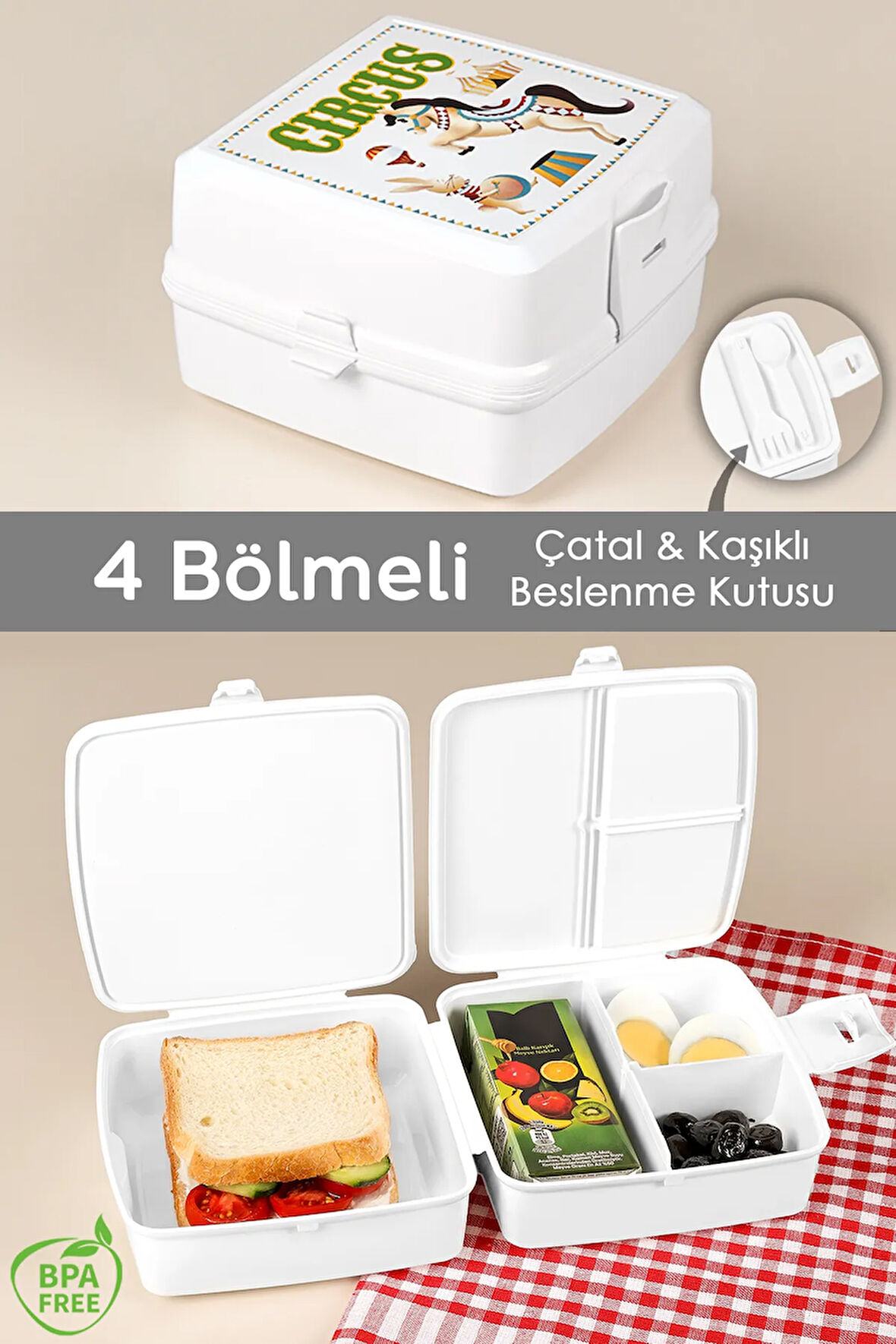 2 Katlı Bölmeli Çatal Kaşıklı Çocuk Beslenme Kutusu - Öğrenci Okul Beslenme Yemek Taşıma Kabı -Beyaz