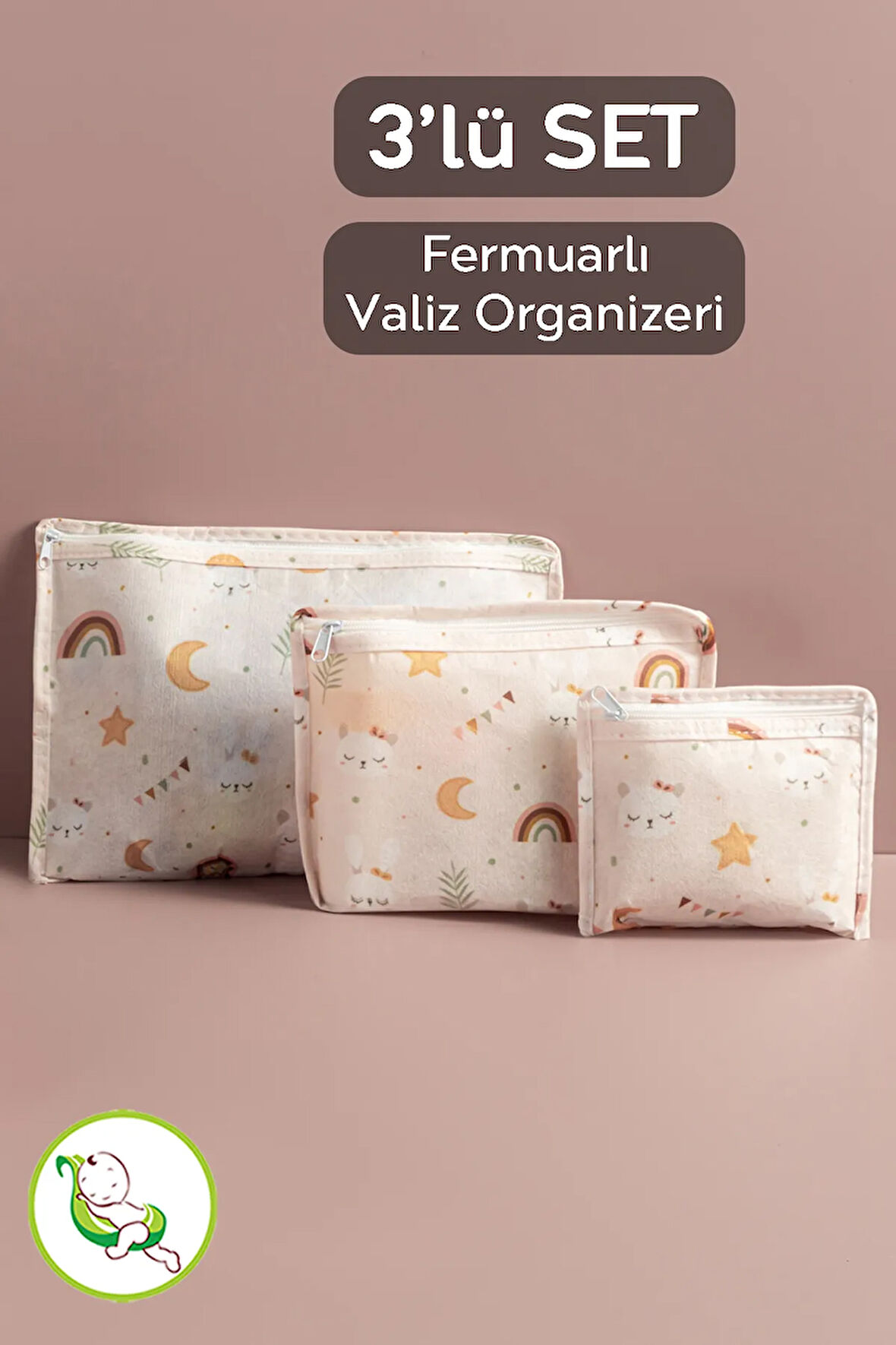 3'lü Fermuarlı Valiz Bavul Düzenleyici Set - Anne Bebek Yenidoğan Hastane Çıkış Çantası Organizer
