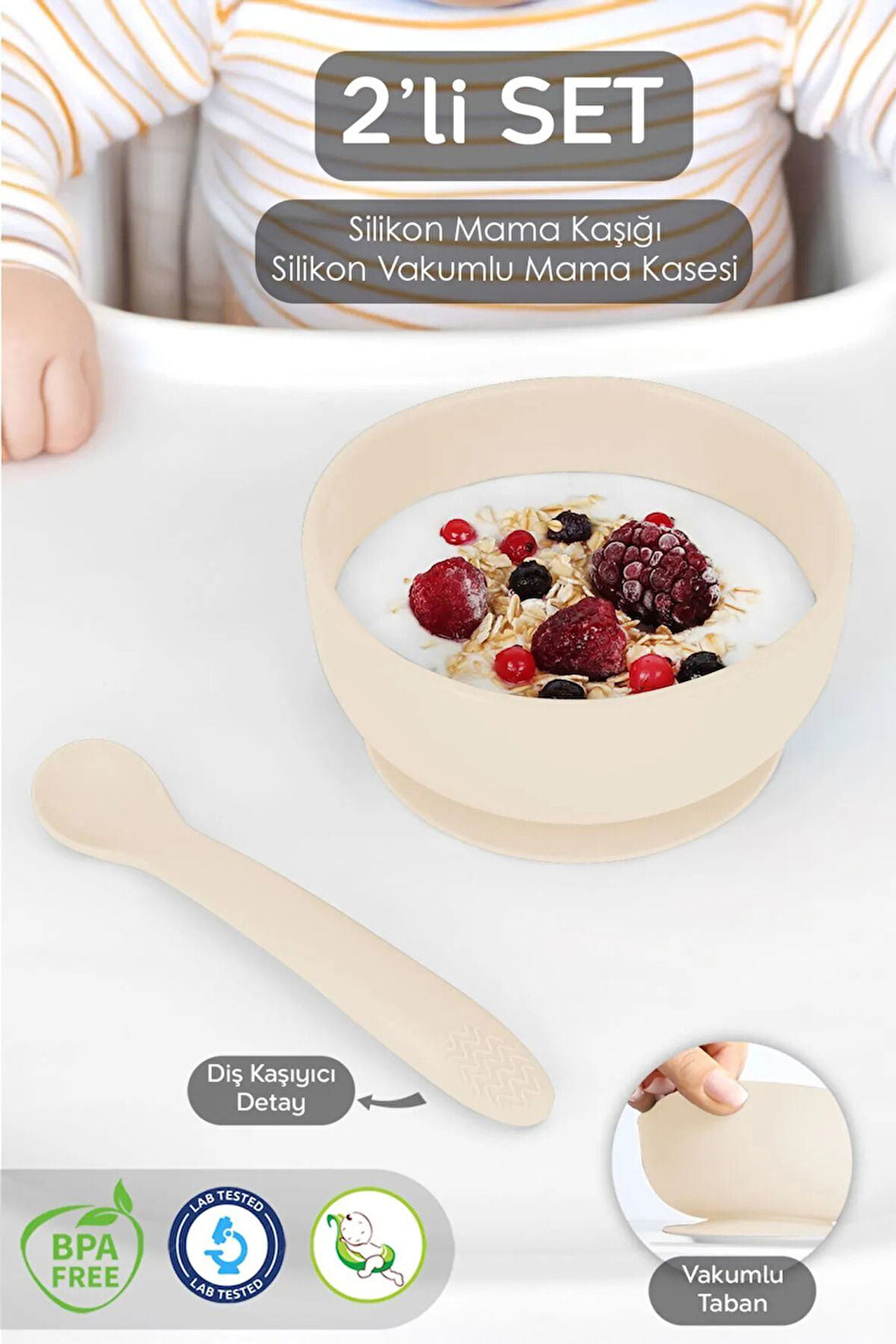 Vakumlu Silikon Bebek Mama Kasesi - Vakum Tabanlı Silikon Kase - Silikon Diş Kaşıyıcı Kaşık - Bej