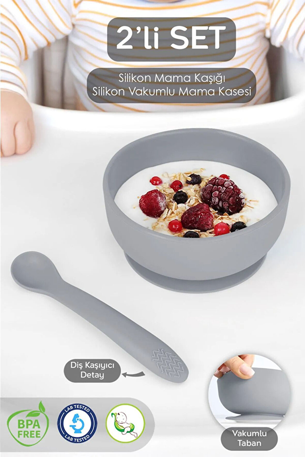 Vakumlu Silikon Bebek Mama Kasesi - Vakum Tabanlı Silikon Kase - Silikon Diş Kaşıyıcı Kaşık - Gri