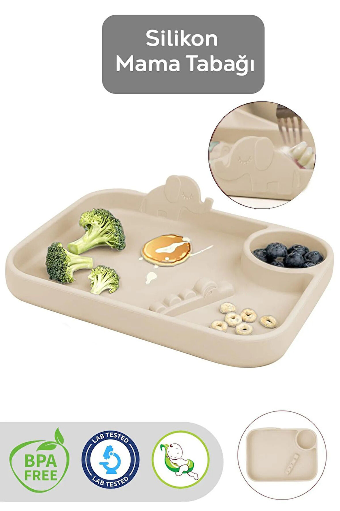 Silikon 3 Bölmeli Bebek Beslenme Tabağı - Silikon Tabak - Silikon Beslenme Aksesuarı - Bej