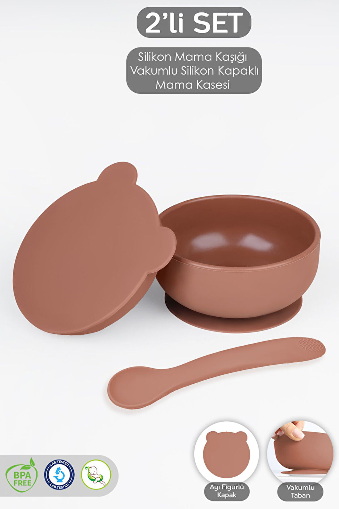2'li Bebek Beslenme Seti - Vakumlu Silikon Kapaklı Mama Kasesi - Diş Kaşıyıcı Mama Kaşığı - Kahve