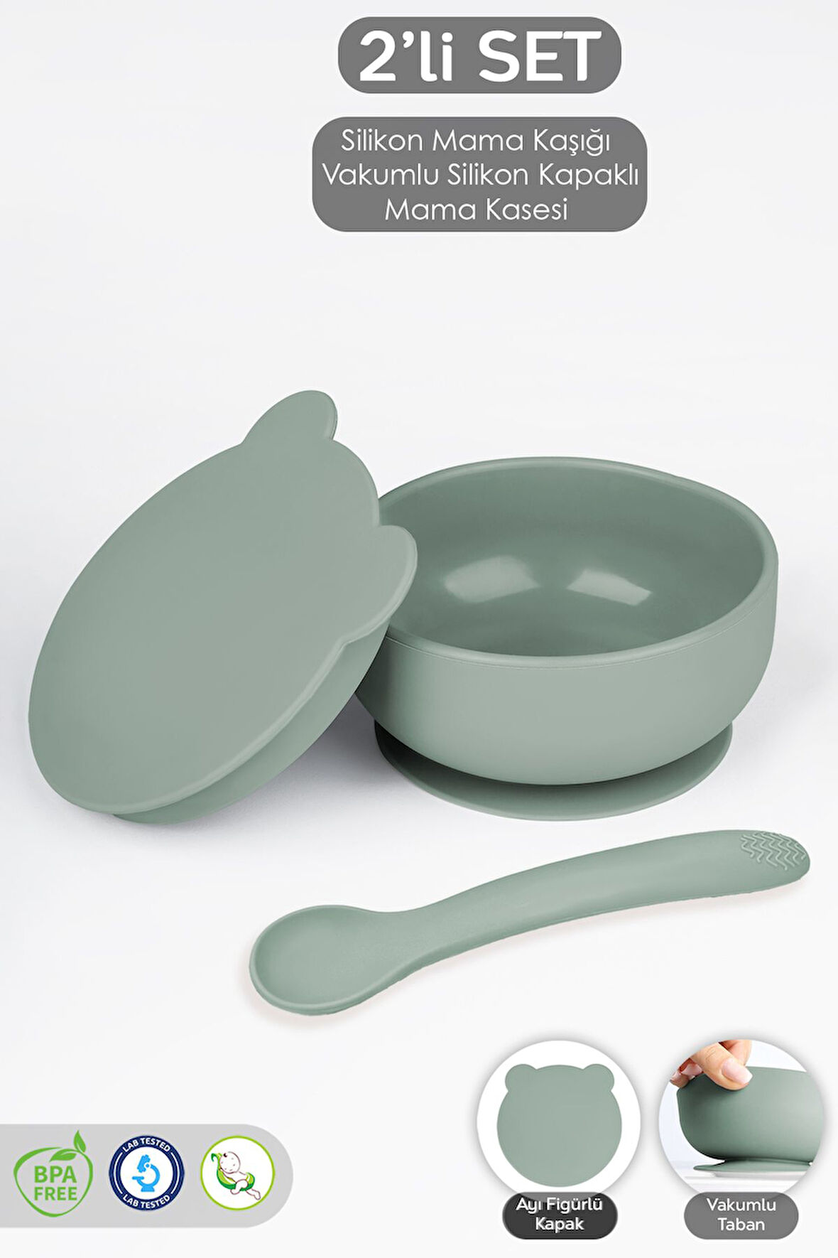 2'li Bebek Beslenme Seti - Vakumlu Silikon Kapaklı Mama Kasesi - Diş Kaşıyıcı Mama Kaşığı - Yeşil
