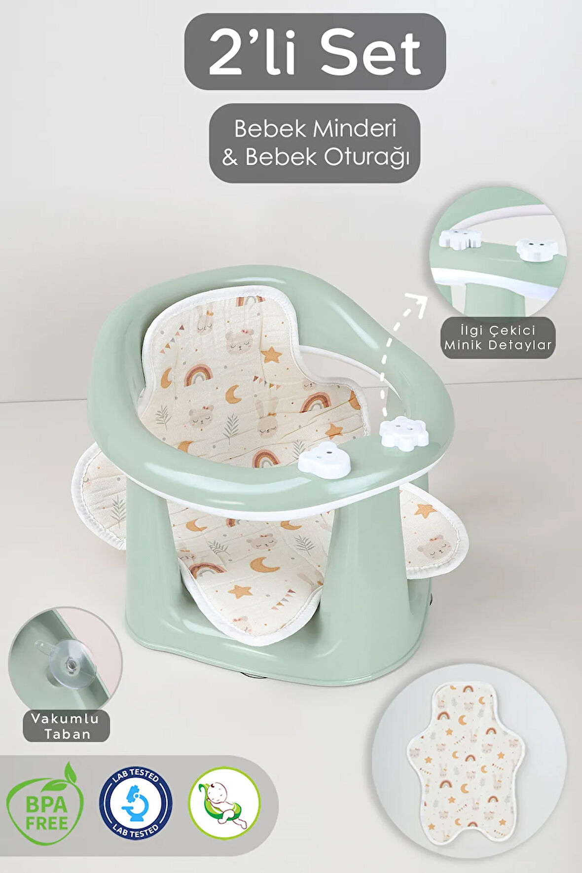 2'li Bebek Banyo Oturağı Ve Minder Seti - Vakum Taban Mama Oturağı, Yıkanabilir Oturak Minderi Yeşil