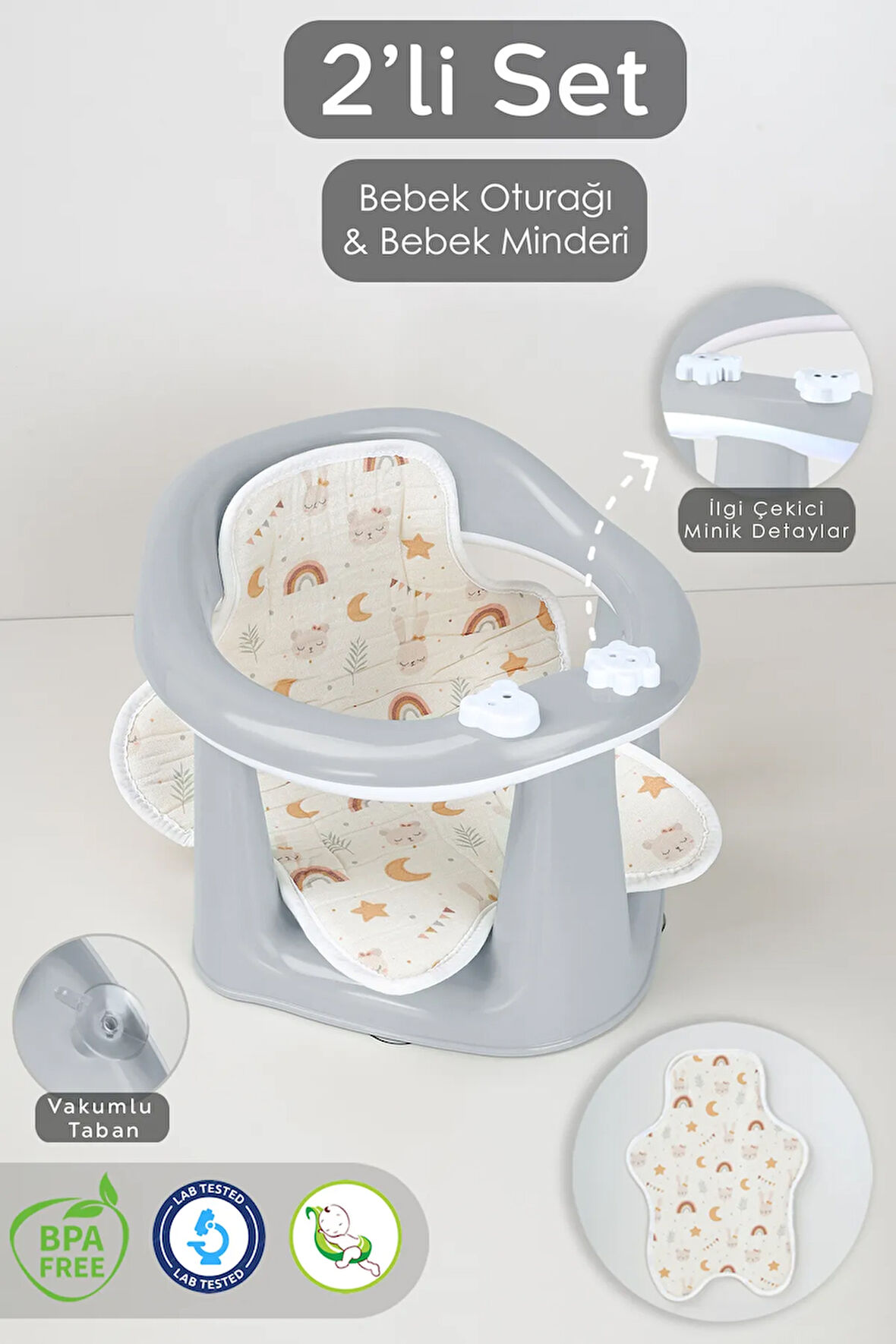 2'li Bebek Banyo Oturağı ve Minder Seti - Vakum Taban Mama Oturağı, Yıkanabilir Oturak Minderi Gri