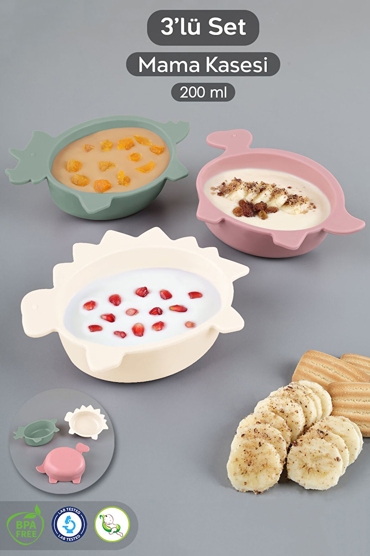 3'lü Hayvan Figürlü Silikon Bebek Mama Kasesi Seti - Şekilli Bebek Beslenme Kasesi Pembe Yeşil Bej
