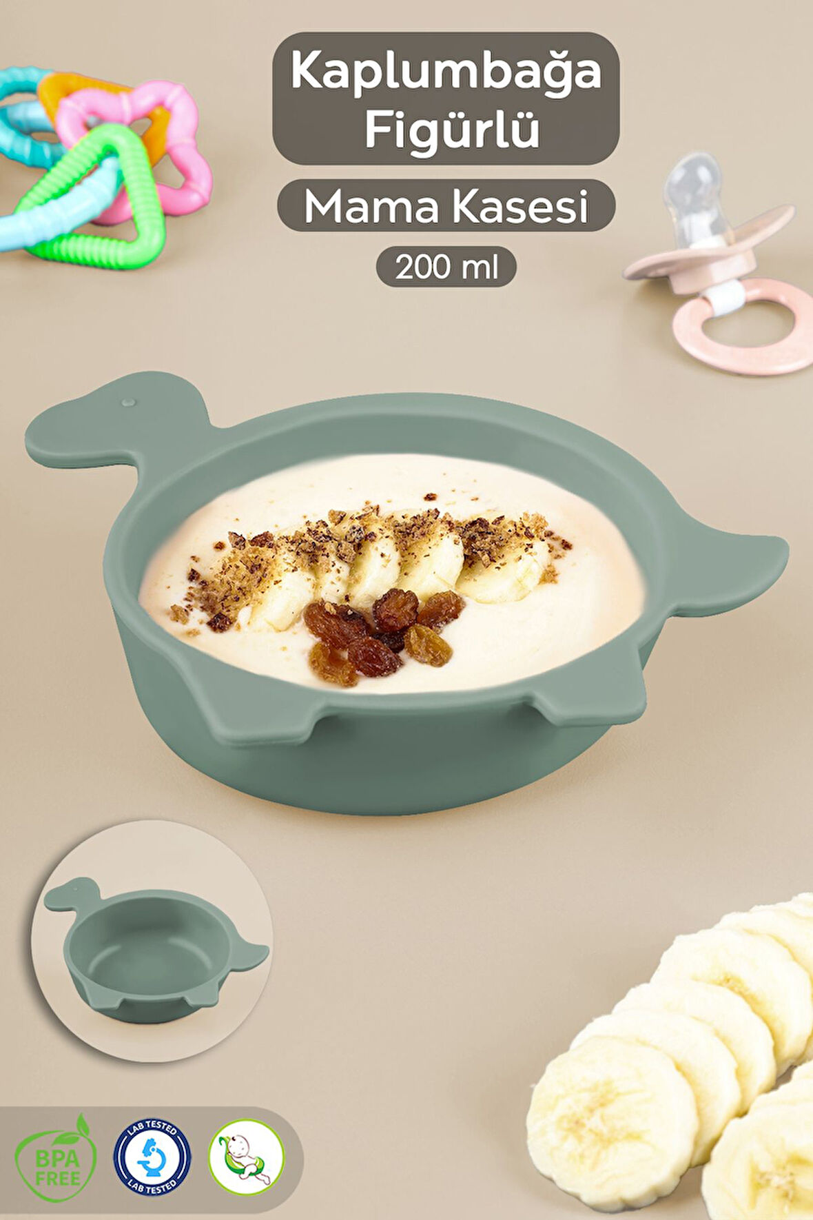 Kaplumbağa Figürlü Silikon Bebek Mama Kasesi - Şekilli Bebek Beslenme Kasesi - Yeşil