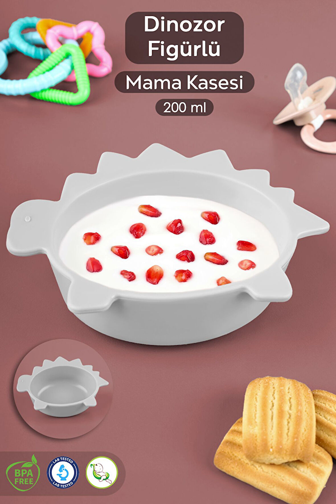 Dinozor Figürlü Silikon Bebek Mama Kasesi - Şekilli Bebek Beslenme Kasesi - Gri