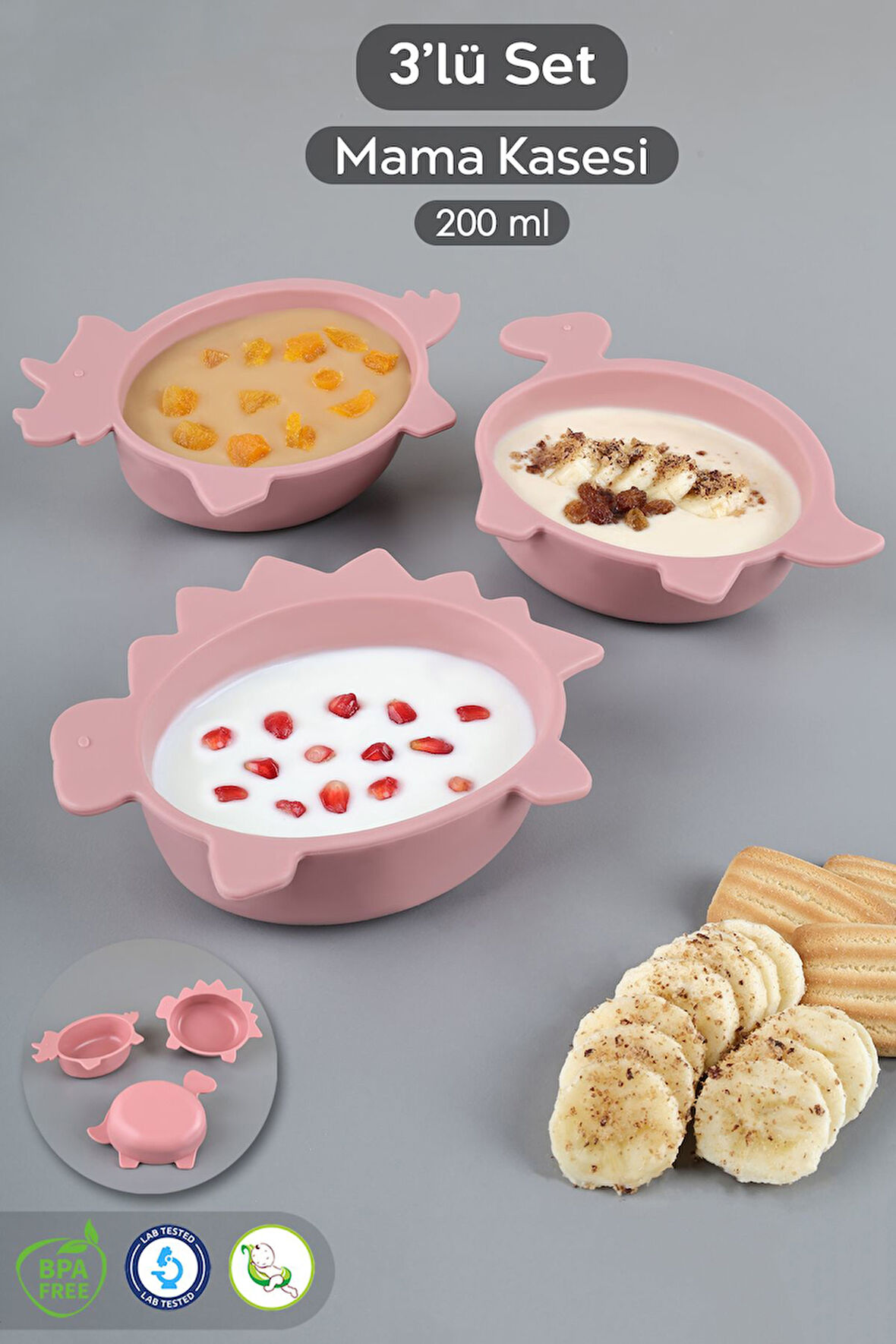 3'lü Hayvan Figürlü Silikon Bebek Mama Kasesi Seti - Şekilli Bebek Beslenme Kasesi Pembe