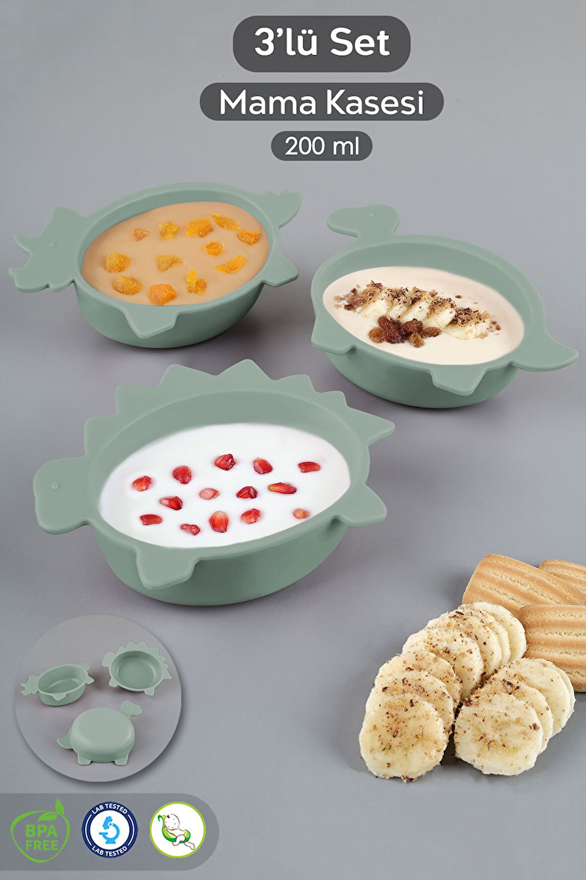 3'lü Hayvan Figürlü Silikon Bebek Mama Kasesi Seti - Şekilli Bebek Beslenme Kasesi Yeşil