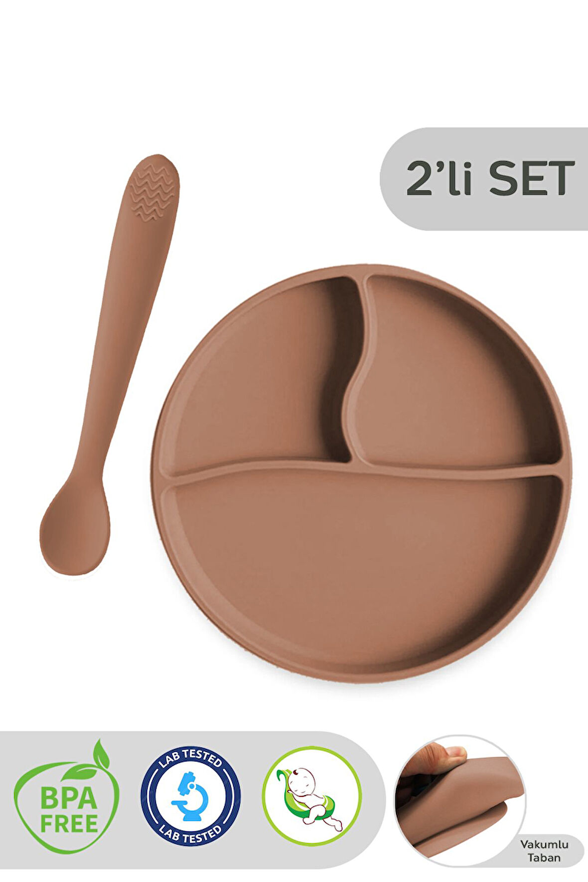 2'li Silikon Bebek Beslenme Seti - Diş Kaşıyıcılı Silikon Kaşık, Vakumlu Mama Tabağı - Kahverengi