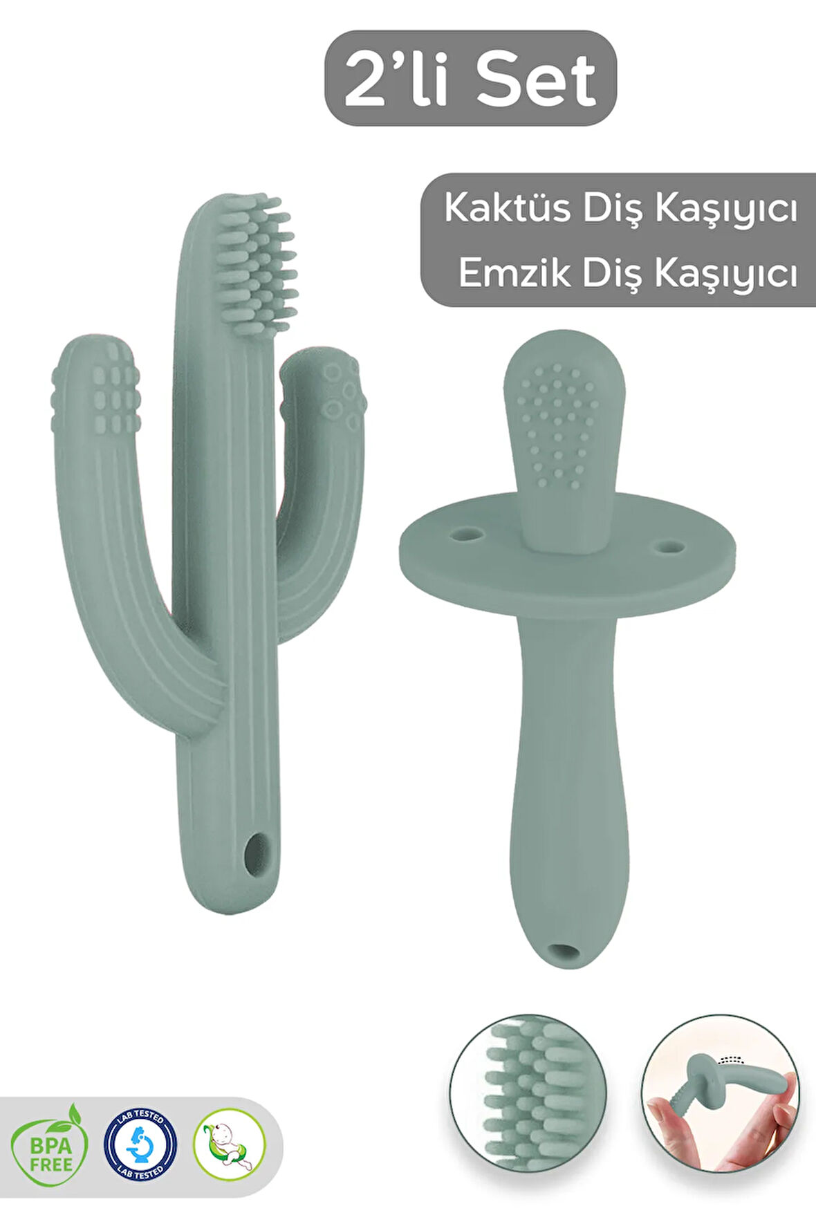 2'li Bebek Diş Kaşıyıcı Seti - Silikon Diş Kaşıma Emziği, Kaktüs Silikon Diş Kaşıyıcı - Yeşil
