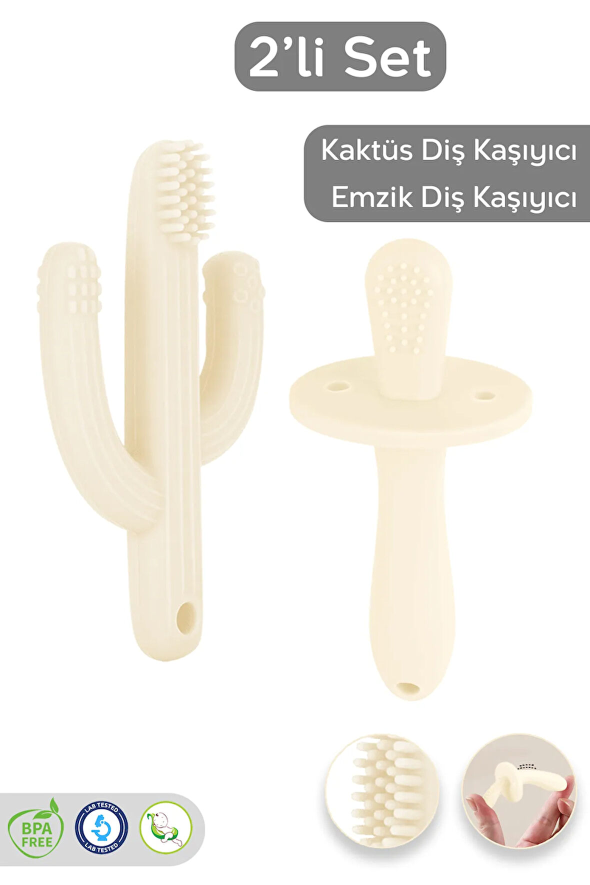 2'li Bebek Diş Kaşıyıcı Seti - Silikon Diş Kaşıma Emziği, Kaktüs Silikon Diş Kaşıyıcı - Bej