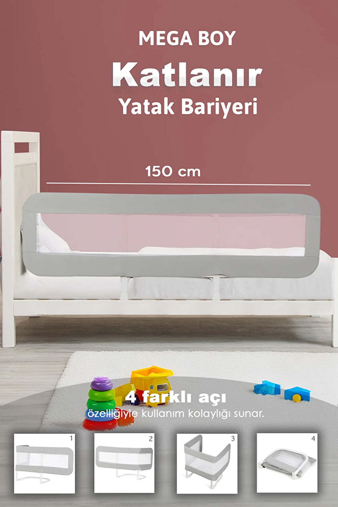 150x42 Cm Katlanır Bebek Yatak Bariyeri - Koruyucu Baza Korkuluğu Koruma Güvenlik Bariyeri Gri