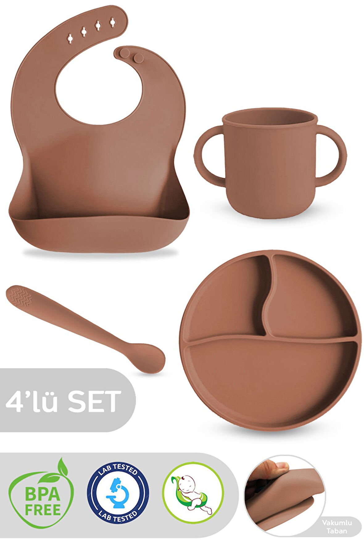 4'lü Silikon Beslenme Seti - Bebek Mama Önlüğü, Mama Kaşığı, Kulplu Bardak, Vakumlu Tabak Kahverengi
