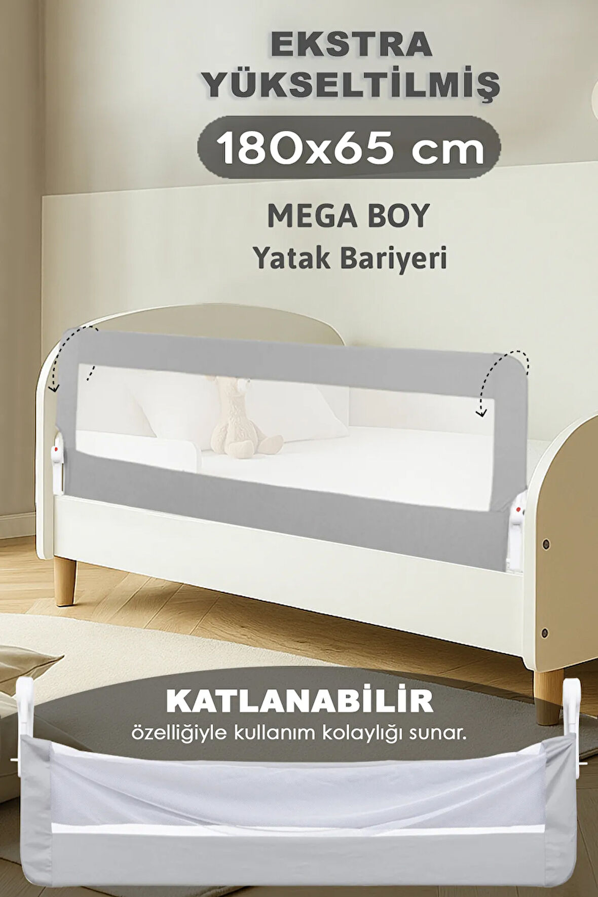 180x65 Cm Katlanır Bebek Yatak Bariyeri - Mega Boy Koruma Bariyeri Koruyucu Baza Korkuluğu Gri