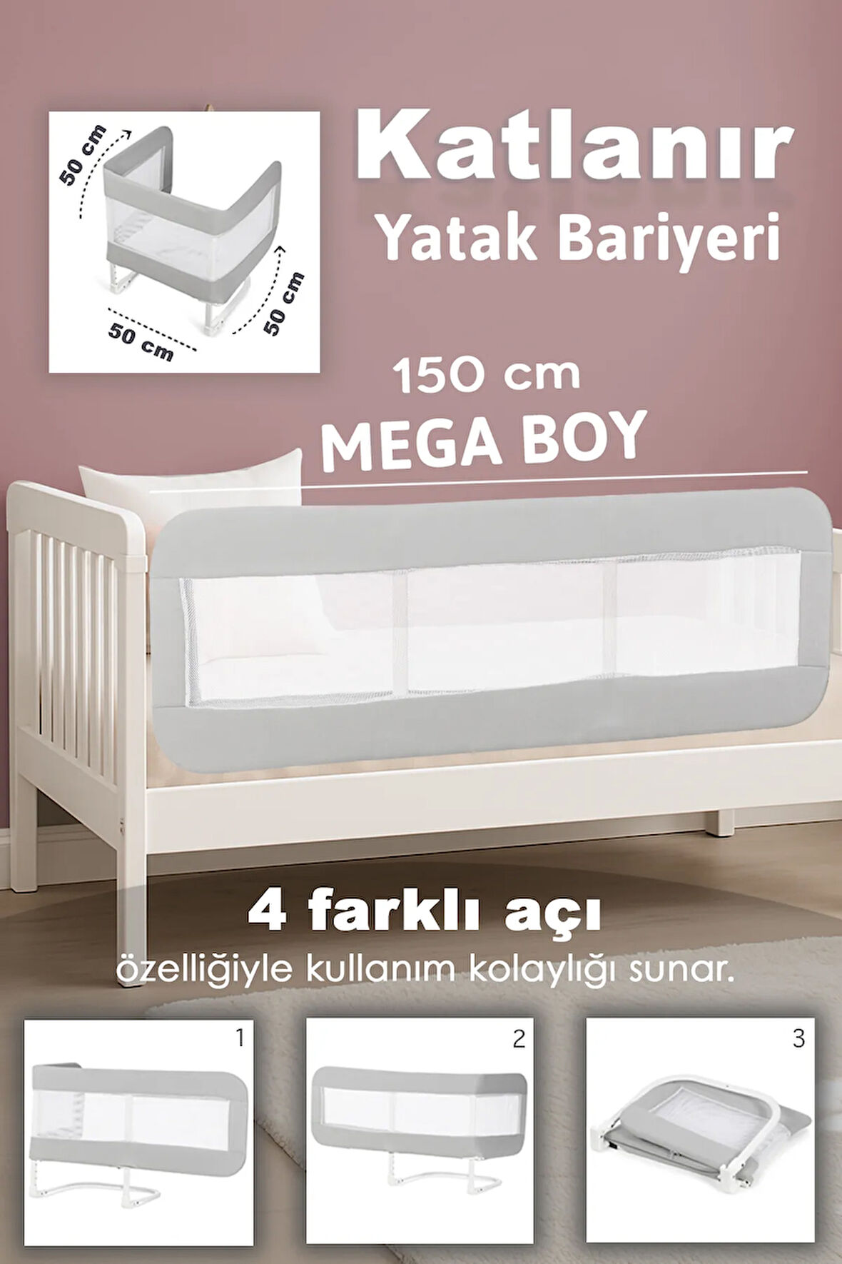 150 Cm Bebek Güvenlik Bariyeri - Mega Boy Çocuk Yatak Korkuluğu Katlanır Koruyucu Bariyer