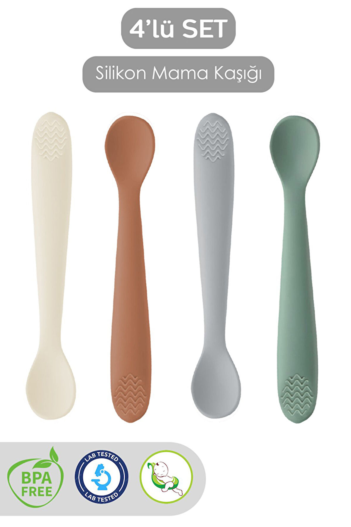 4'lü Silikon Mama Kaşığı - Diş Kaşıyıcı Bebek Beslenme Kaşığı Silikon Kaşık Gri, Yeşil, Kahve, Bej