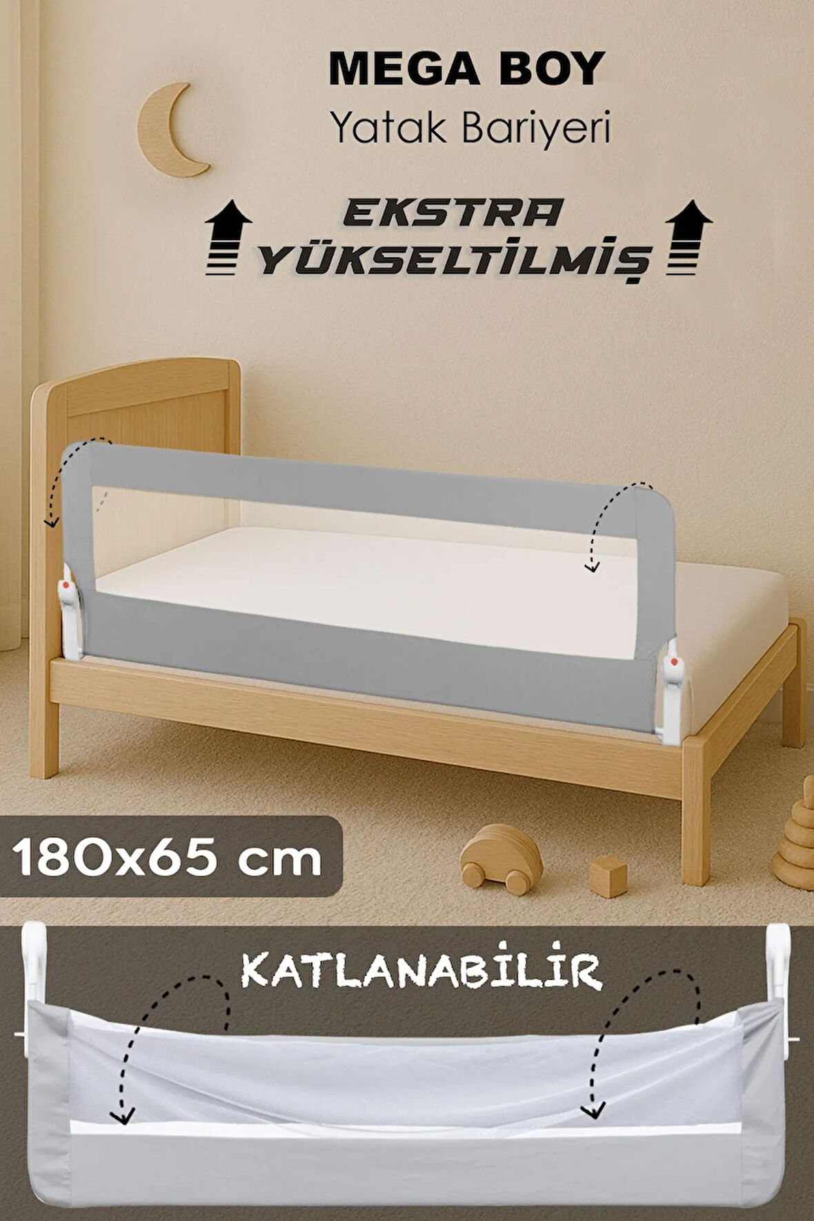 180 Cm Mega Bebek Güvenlik Bariyeri - Yükseltilmiş Çocuk Yatak Korkuluğu Katlanır Koruyucu Bariyer