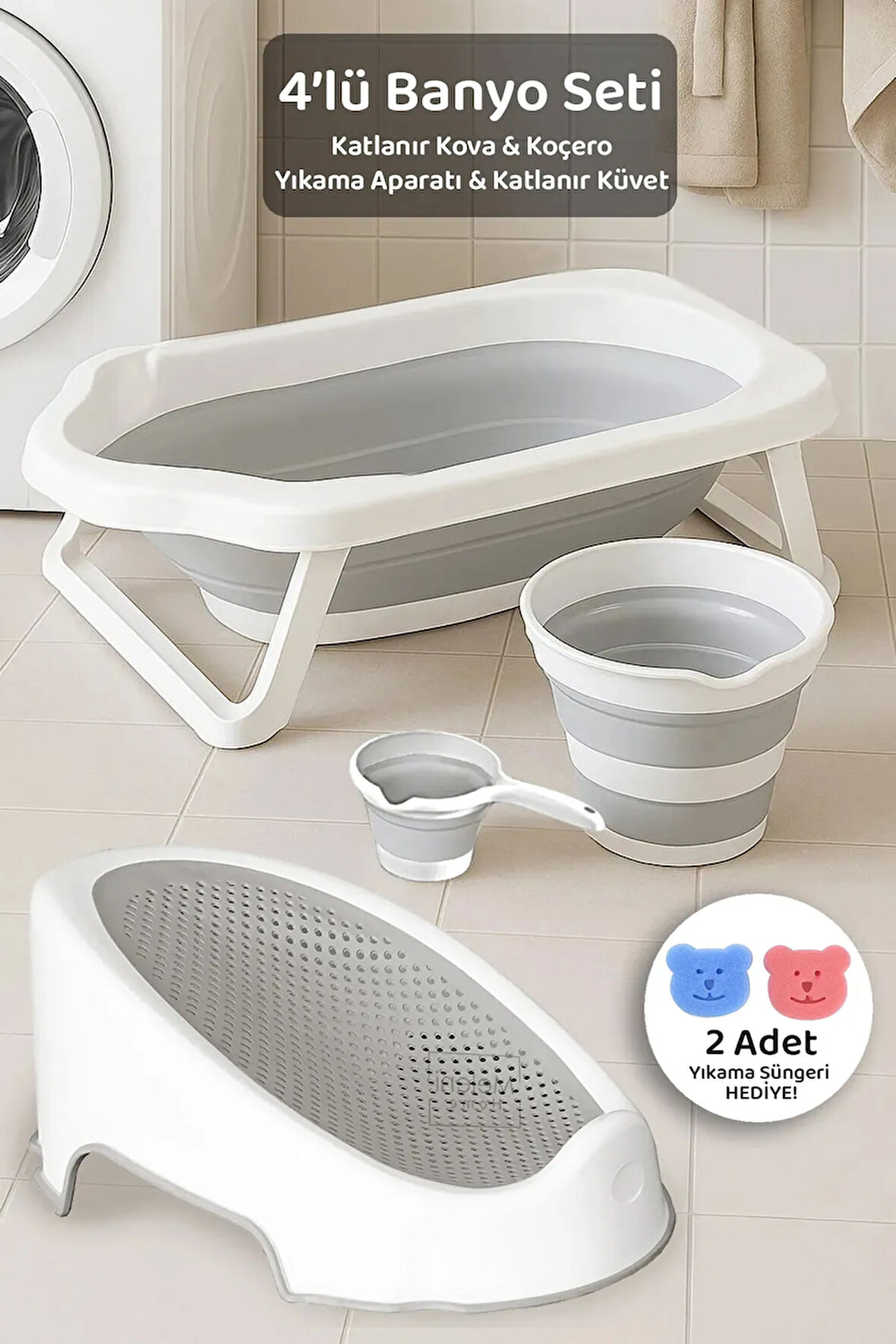 4'lü Katlanır Banyo Seti - Bebek Küveti, Fileli Yıkama Aparatı, Su Kovası, Maşrapa Sünger Hediye Gri