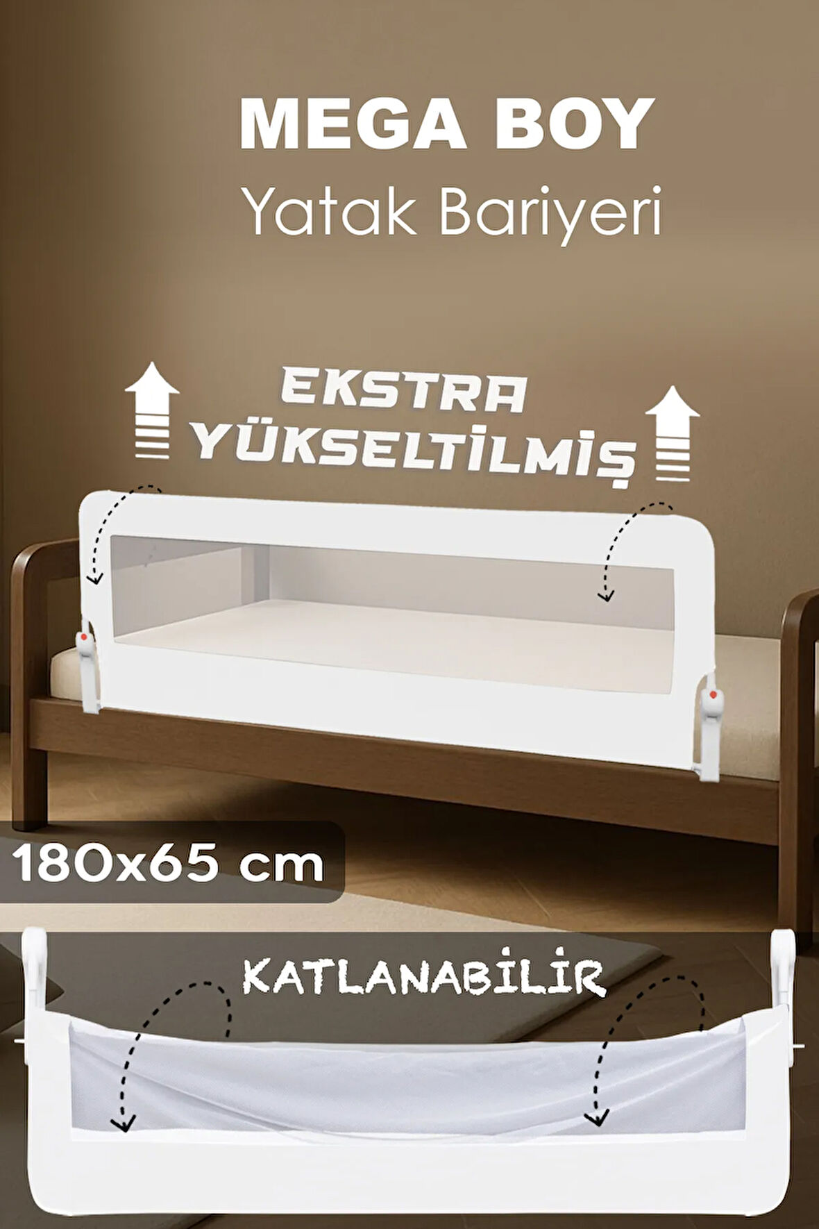 180 Cm Mega Bebek Güvenlik Bariyeri - Yükseltilmiş Koruyucu Bariyer Katlanır Yatak Korkuluğu Beyaz