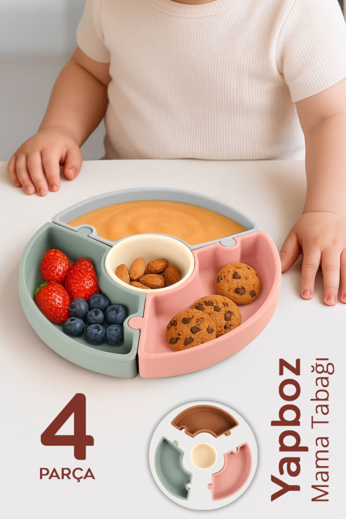 Vakumlu Silikon Puzzle Mama Tabağı - Vakum Tabanlı 4 Bölmeli Bebek Yapboz Mama Tabağı