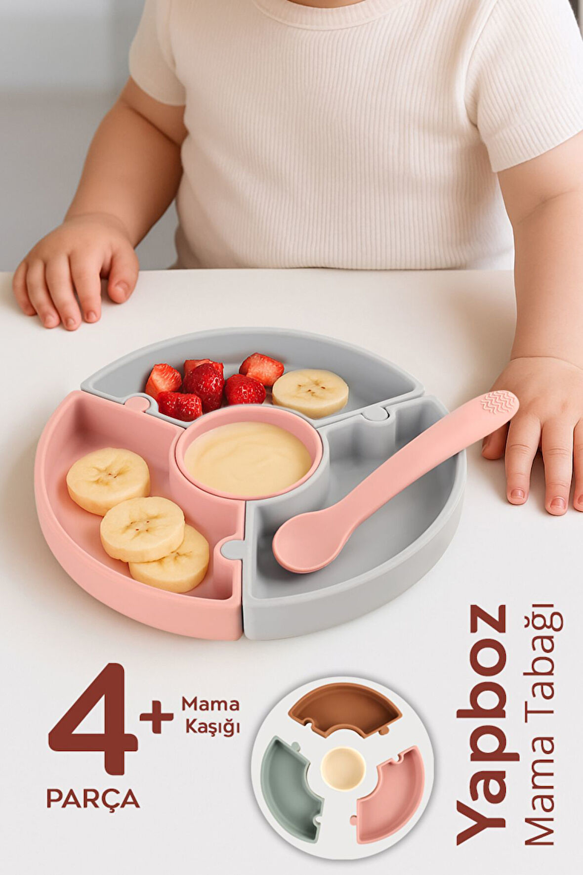Puzzle Mama Tabağı Kaşık Seti - Silikon Vakum Tabanlı Yapboz Mama Tabağı Silikon Kaşık - Gri Pembe