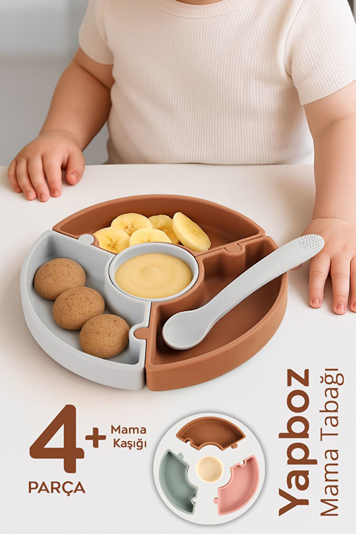 Puzzle Mama Tabağı Kaşık Seti - Silikon Vakum Tabanlı Yapboz Mama Tabağı Silikon Kaşık - Kahve Gri