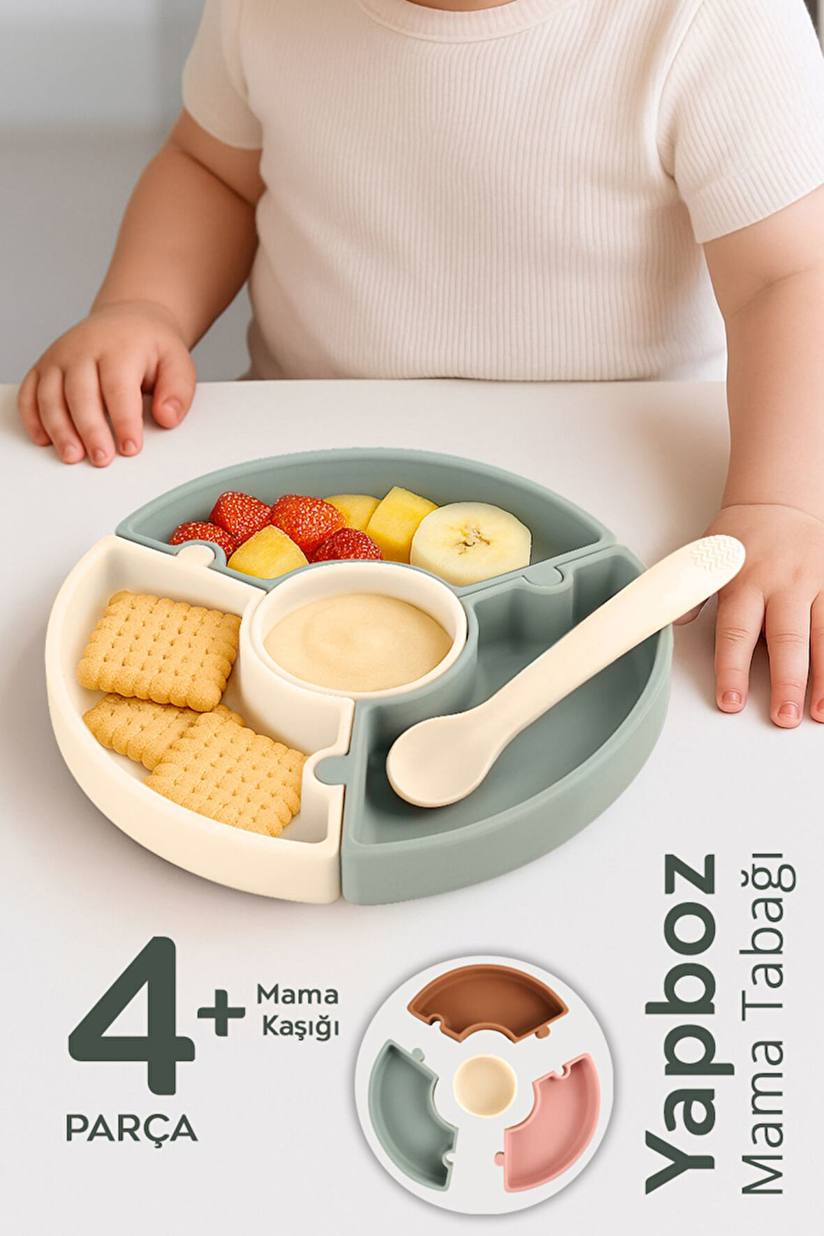 Puzzle Mama Tabağı Kaşık Seti - Silikon Vakum Tabanlı Yapboz Mama Tabağı Silikon Kaşık - Yeşil Bej