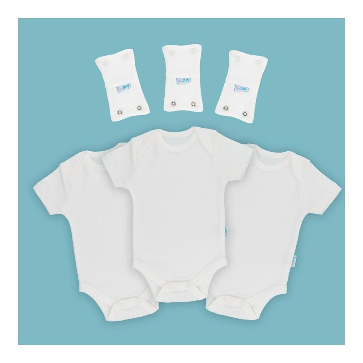 Novibaby 3'lü Bebek Body Zıbın + 3'lü Body Uzatma Aparatı Çıtçıtlı Kısa Kol Ekru 100% Pamuk 3-6 Ay