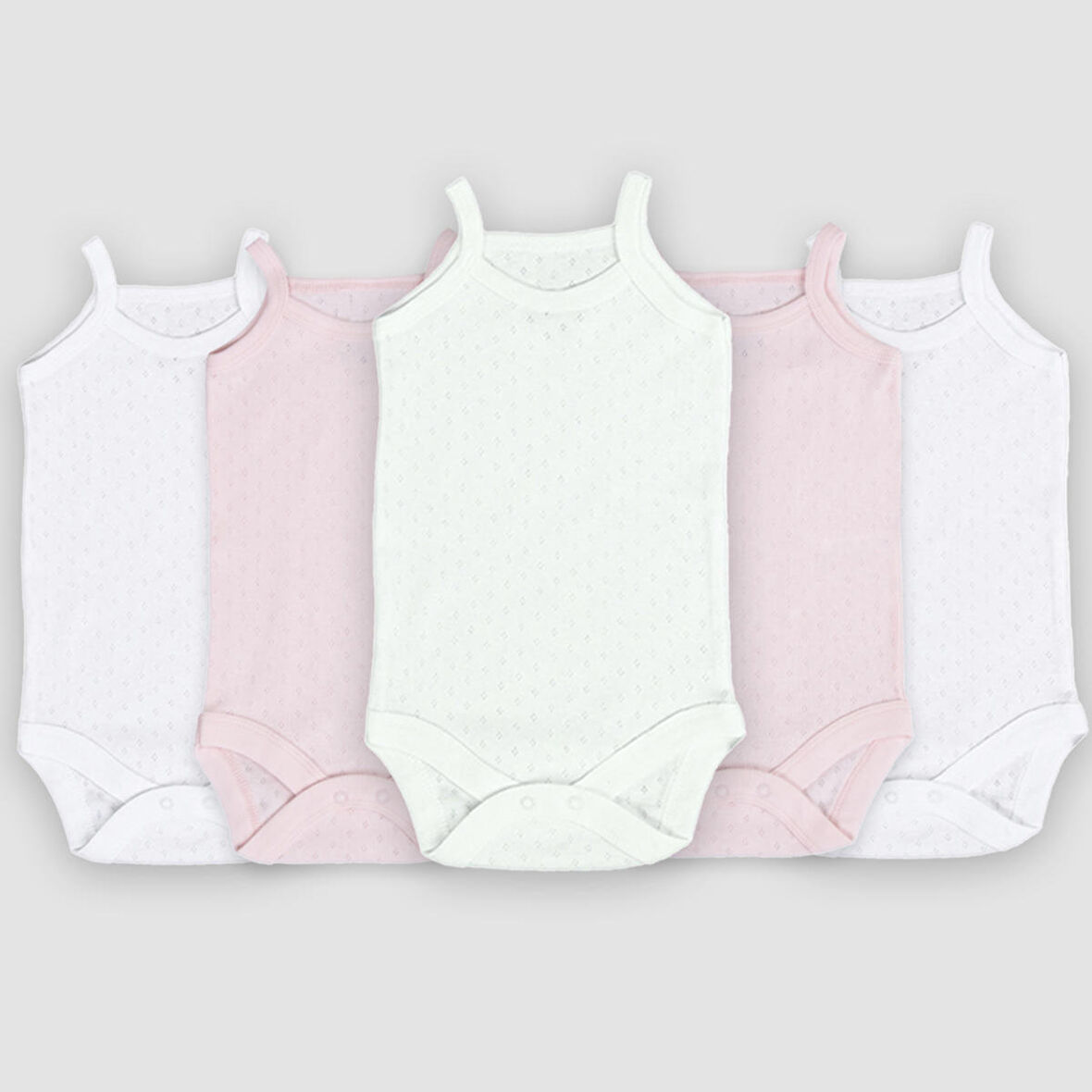 Novibaby 5'li 0-3 Ay Jakarlı İp Askılı Beyaz Ekru Pembe Bebek Atlet Body Zıbın Çıtçıtlı 100% Pamuk 