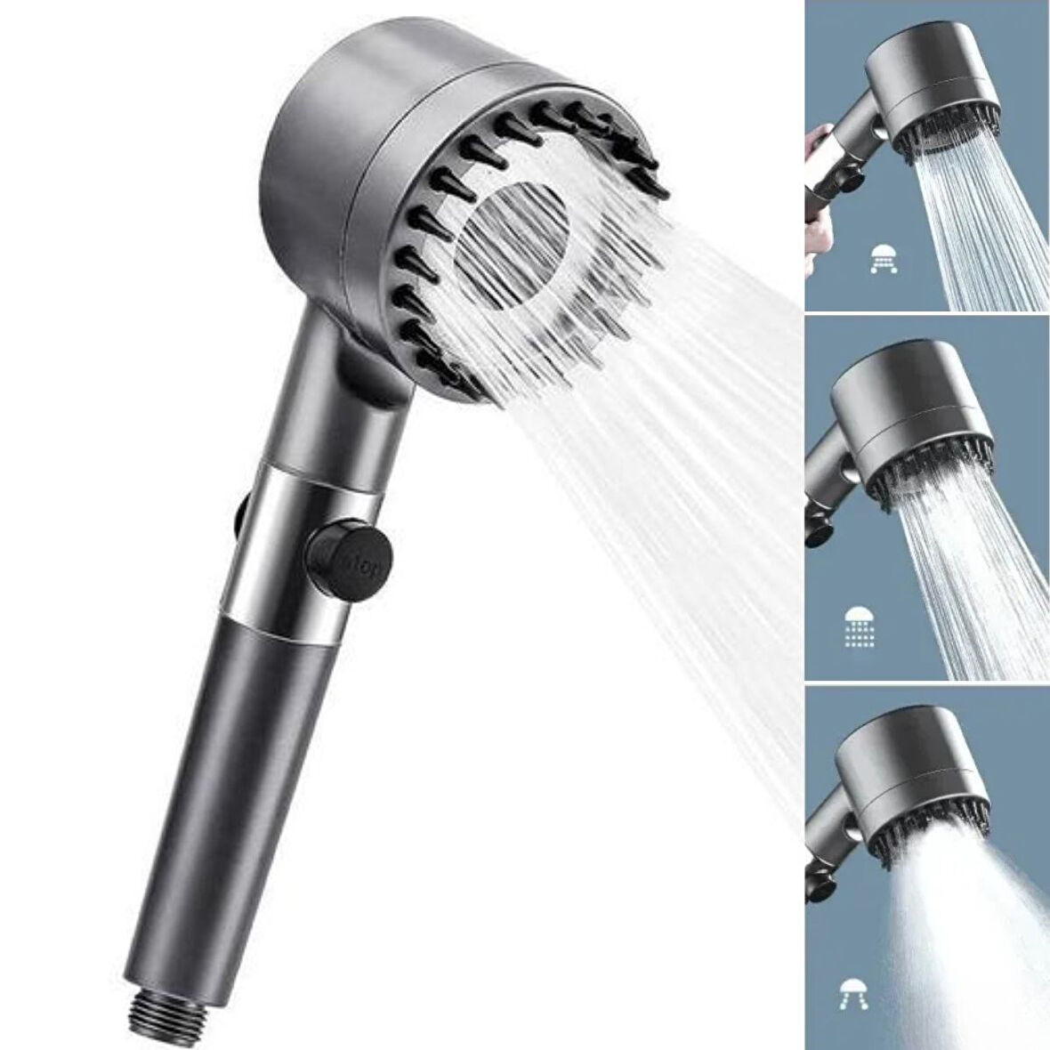 BUFFER® 3 Kademeli Turbo Basınçlı Masaj Başlıklı Silikon Fırçalı Duş Başlığı – Yüksek Basınçlı Su Ta