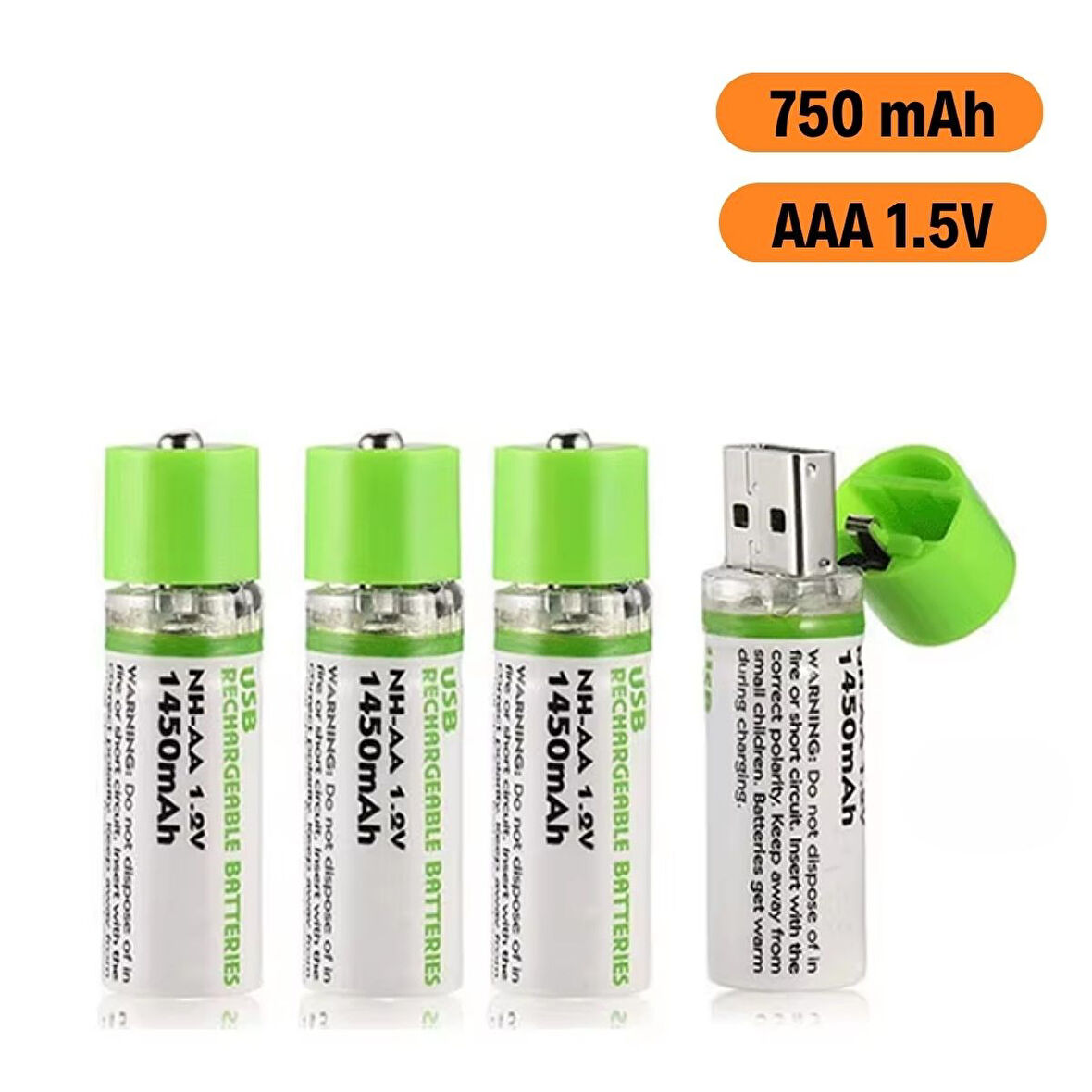 BUFFER® USB Şarjlı 1450mAh AA 1.2V Lityum Kalem Pil – 4'lü Set, Tekrar Şarj Edilebilir Uzun Ömürlü D