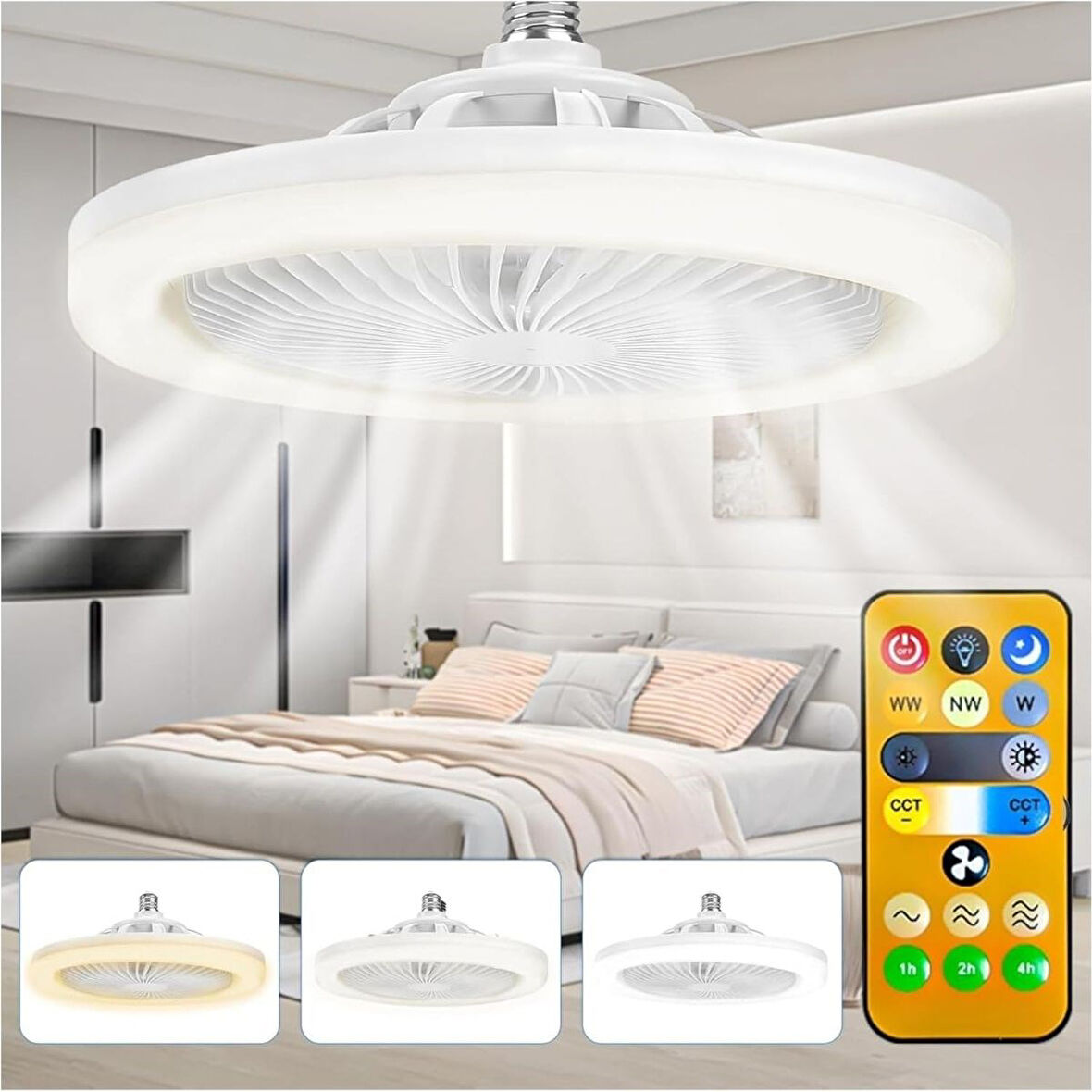 BUFFER®E27 Duylu 3 Farklı Işık Modlu ve 3 Seviye Fan Güçlü Uzaktan Kumandalı, Sessiz Kullanımlı, Kol