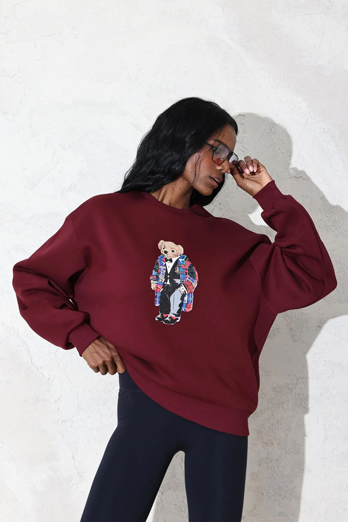 Bordo Ayıcık Baskılı Sweatshirt 110031