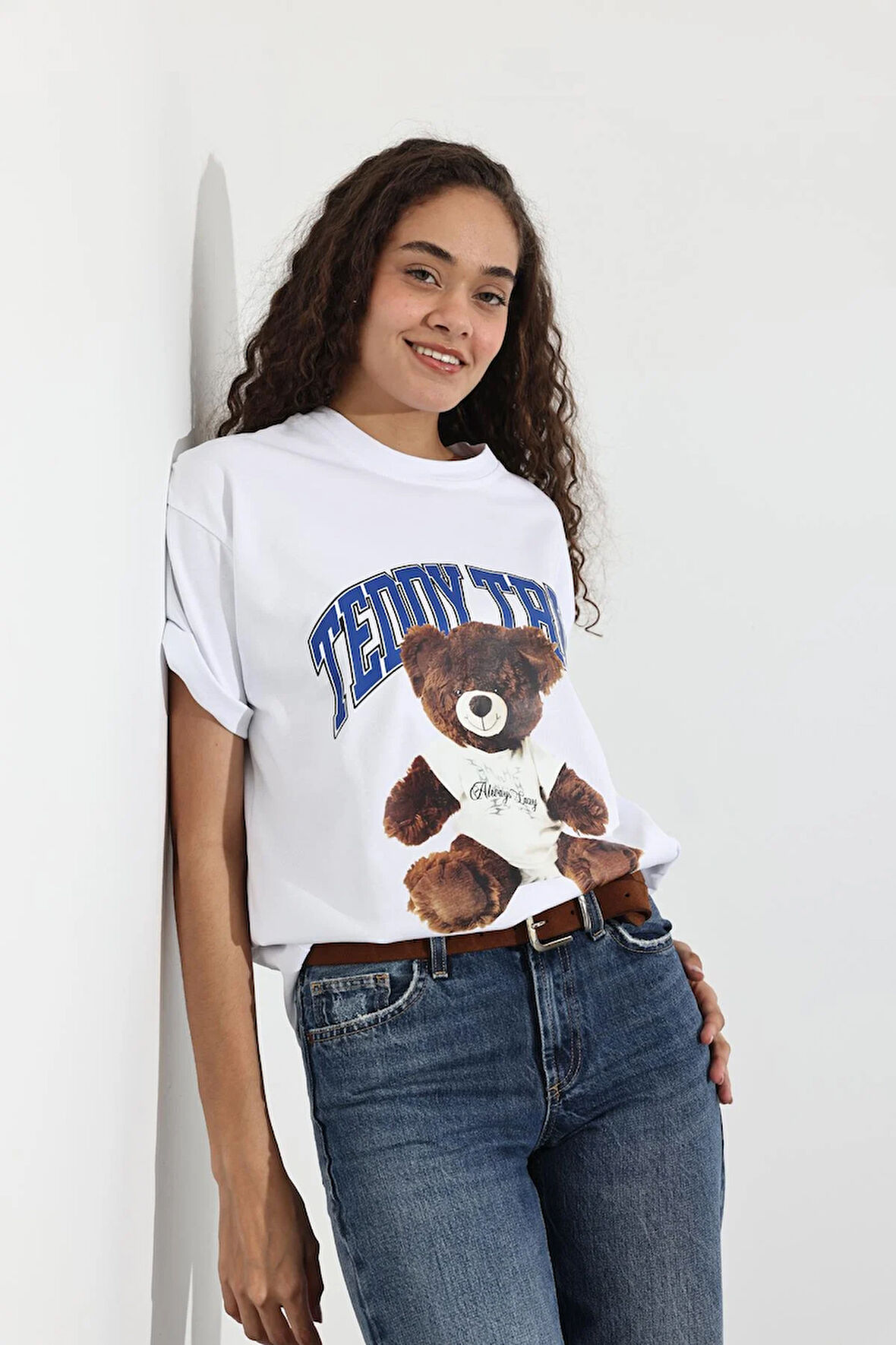 Beyaz Teddy Baskılı Tişört 